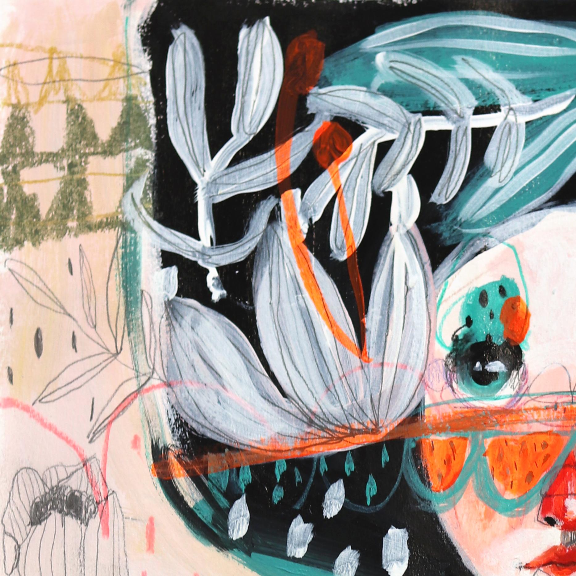 Popesse des fleurs - Œuvre d'art figurative féminine colorée et fantaisiste sur papier - Art de Silvia Pavarini