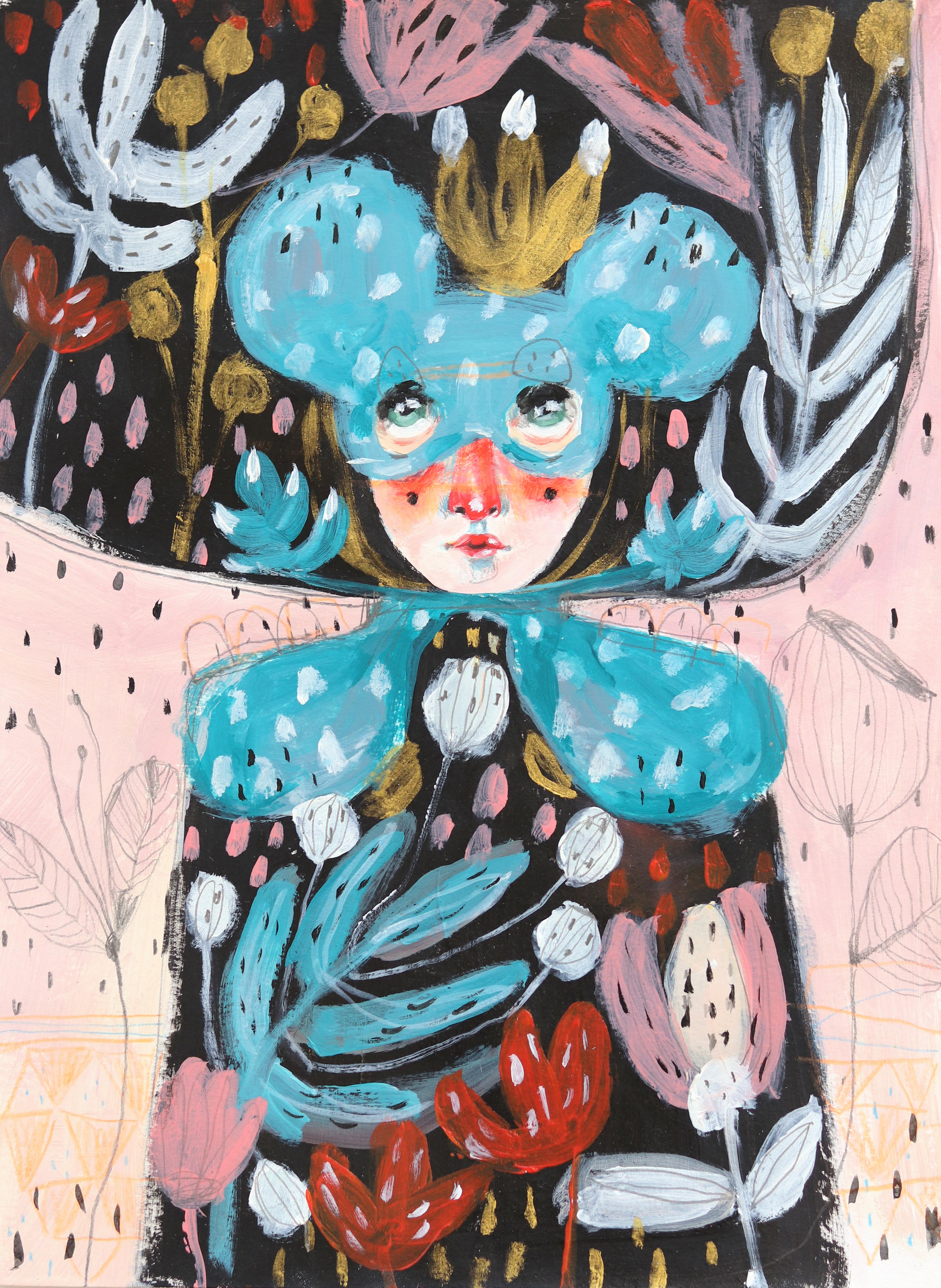 Silvia Pavarini Figurative Painting – Vorbeiziehende Wolken - Buntes, skurriles, figuratives, weibliches Fantasie-Kunstwerk auf Papier