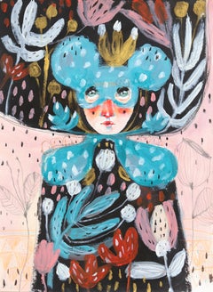 Vorbeiziehende Wolken - Buntes, skurriles, figuratives, weibliches Fantasie-Kunstwerk auf Papier