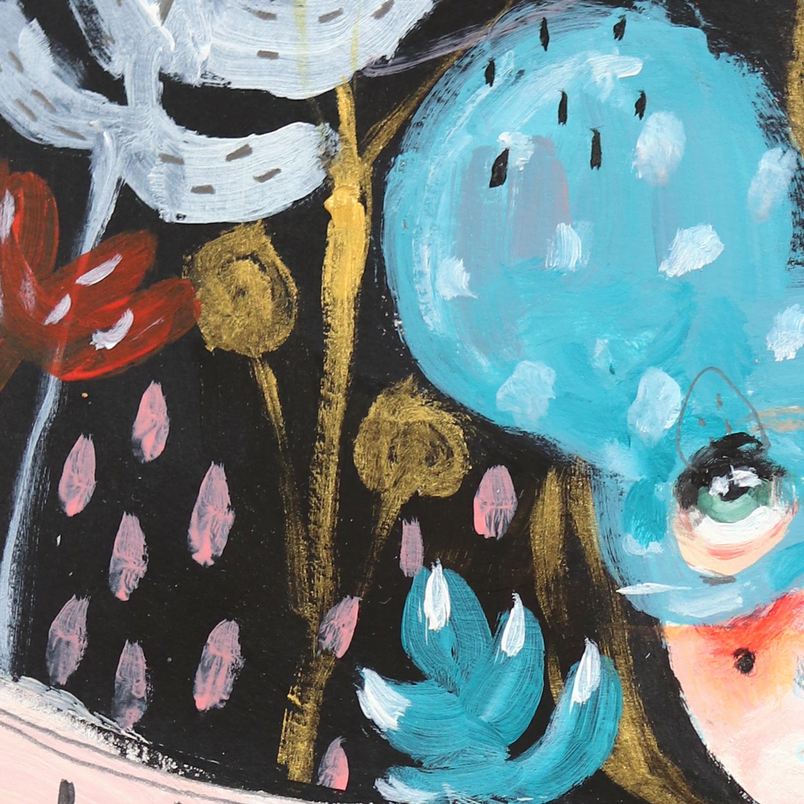 Vorbeiziehende Wolken - Buntes, skurriles, figuratives, weibliches Fantasie-Kunstwerk auf Papier – Painting von Silvia Pavarini