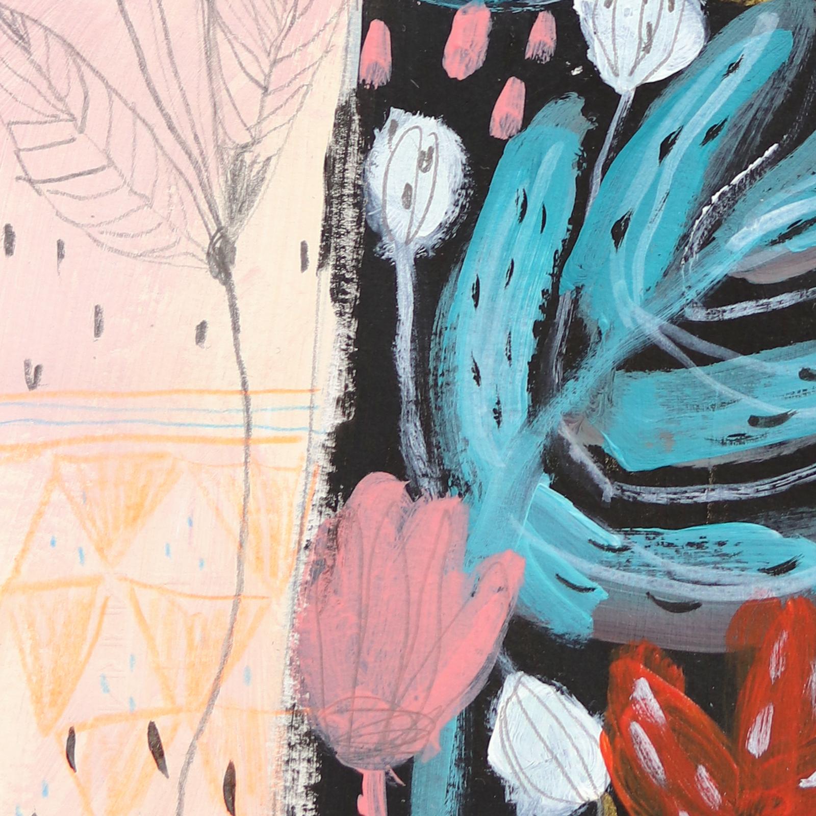 Vorbeiziehende Wolken - Buntes, skurriles, figuratives, weibliches Fantasie-Kunstwerk auf Papier im Angebot 1