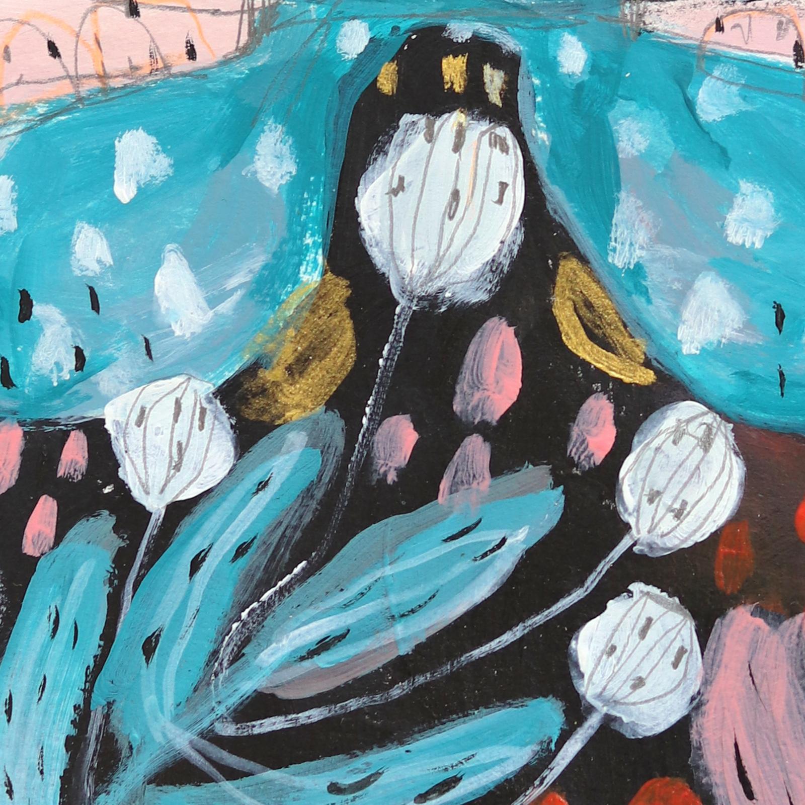 Vorbeiziehende Wolken - Buntes, skurriles, figuratives, weibliches Fantasie-Kunstwerk auf Papier (Grau), Figurative Painting, von Silvia Pavarini