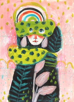 June in the Meadows - Buntes, skurriles, figuratives, weibliches Kunstwerk auf Papier