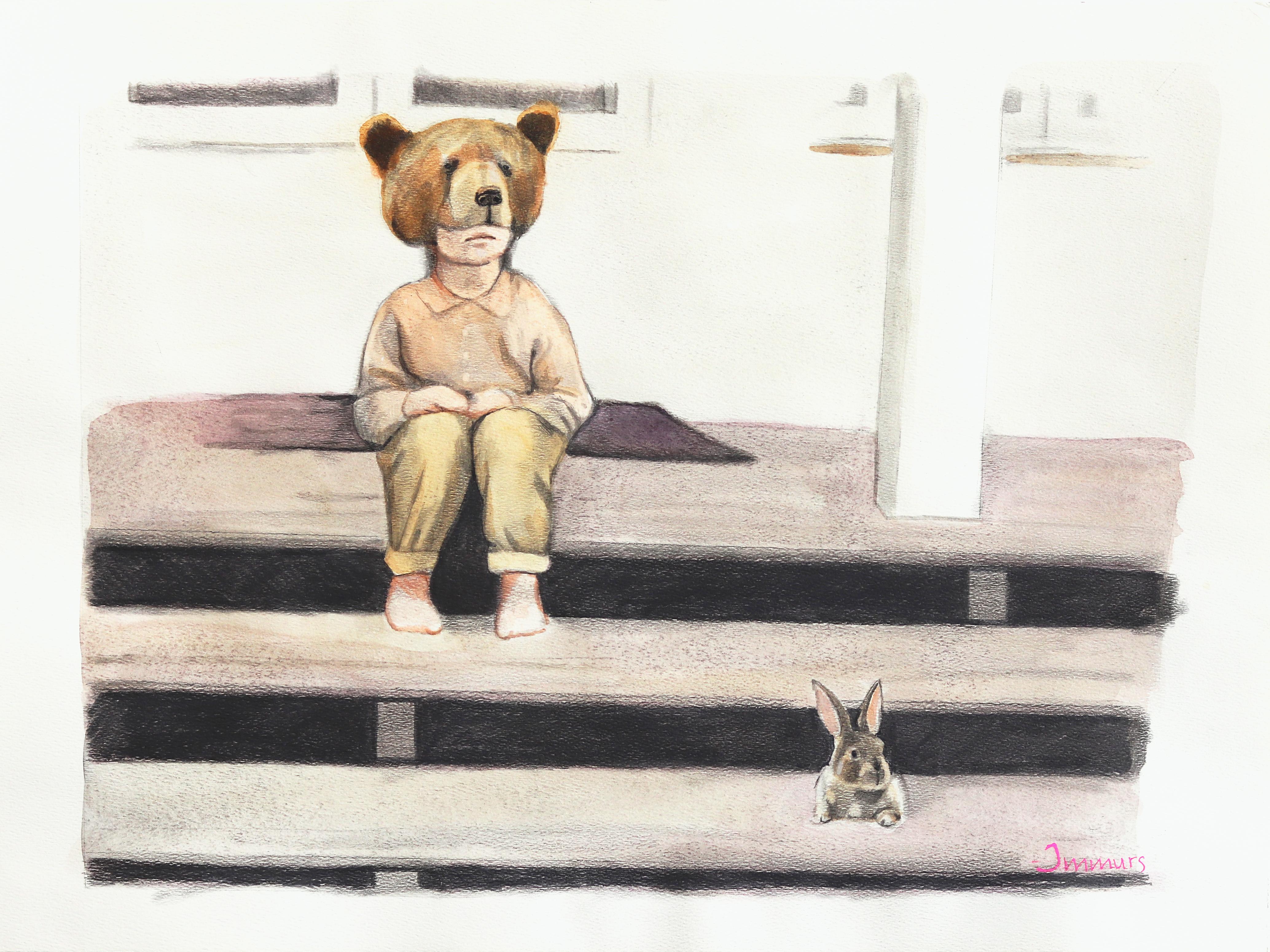 Amanda Immurs Animal Painting – Die Kunst, nichts zu sagen - Original figuratives surrealistisches Aquarellkunstwerk
