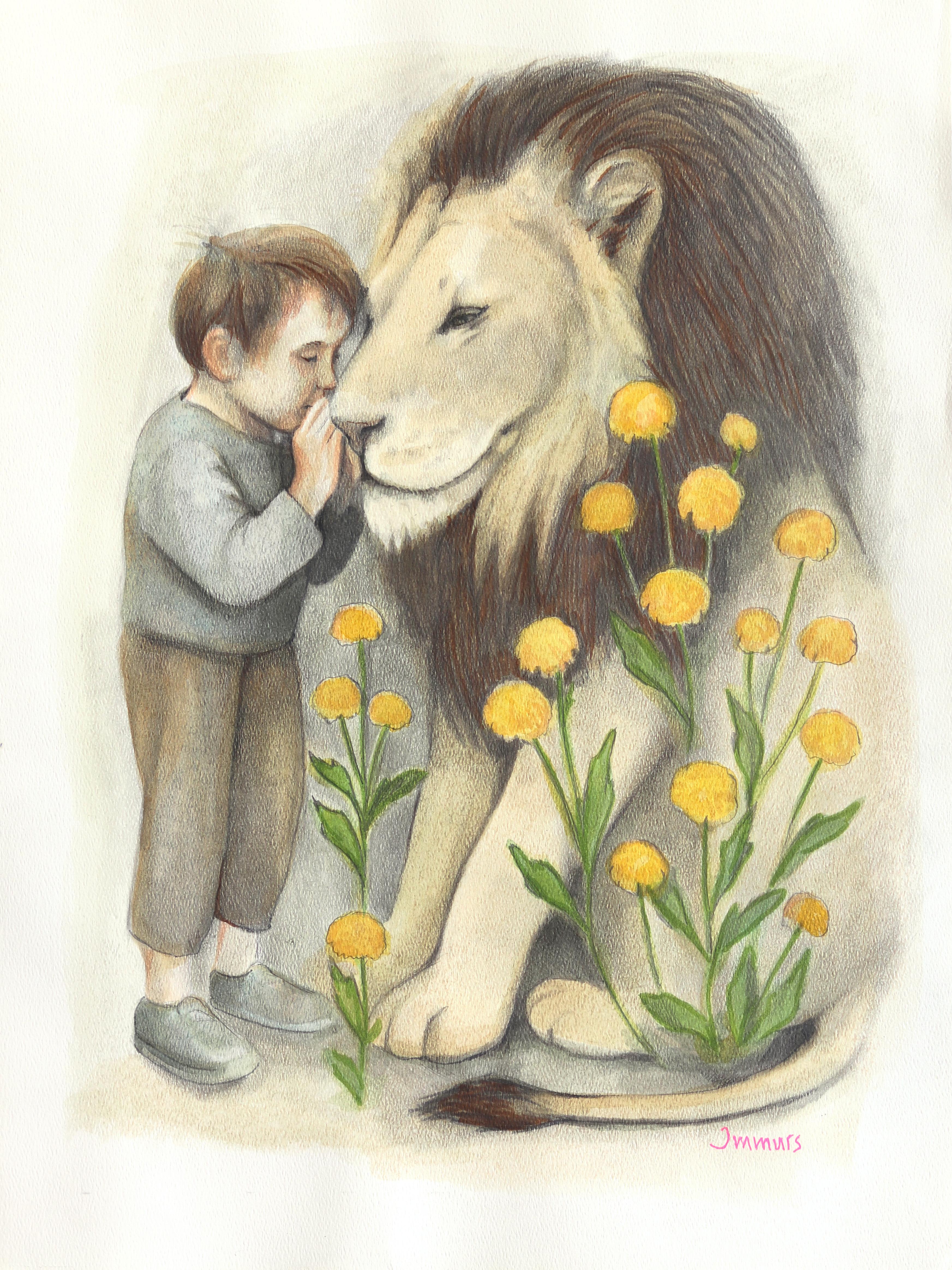 An He a raconté la même histoire deux fois - Figurative Animal Surrealist Watercolor Artwork