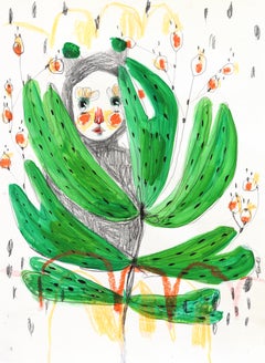 Lost in the Greenery - Lebendige, farbenfrohe, skurrile, figurative Kunstwerke auf Papier