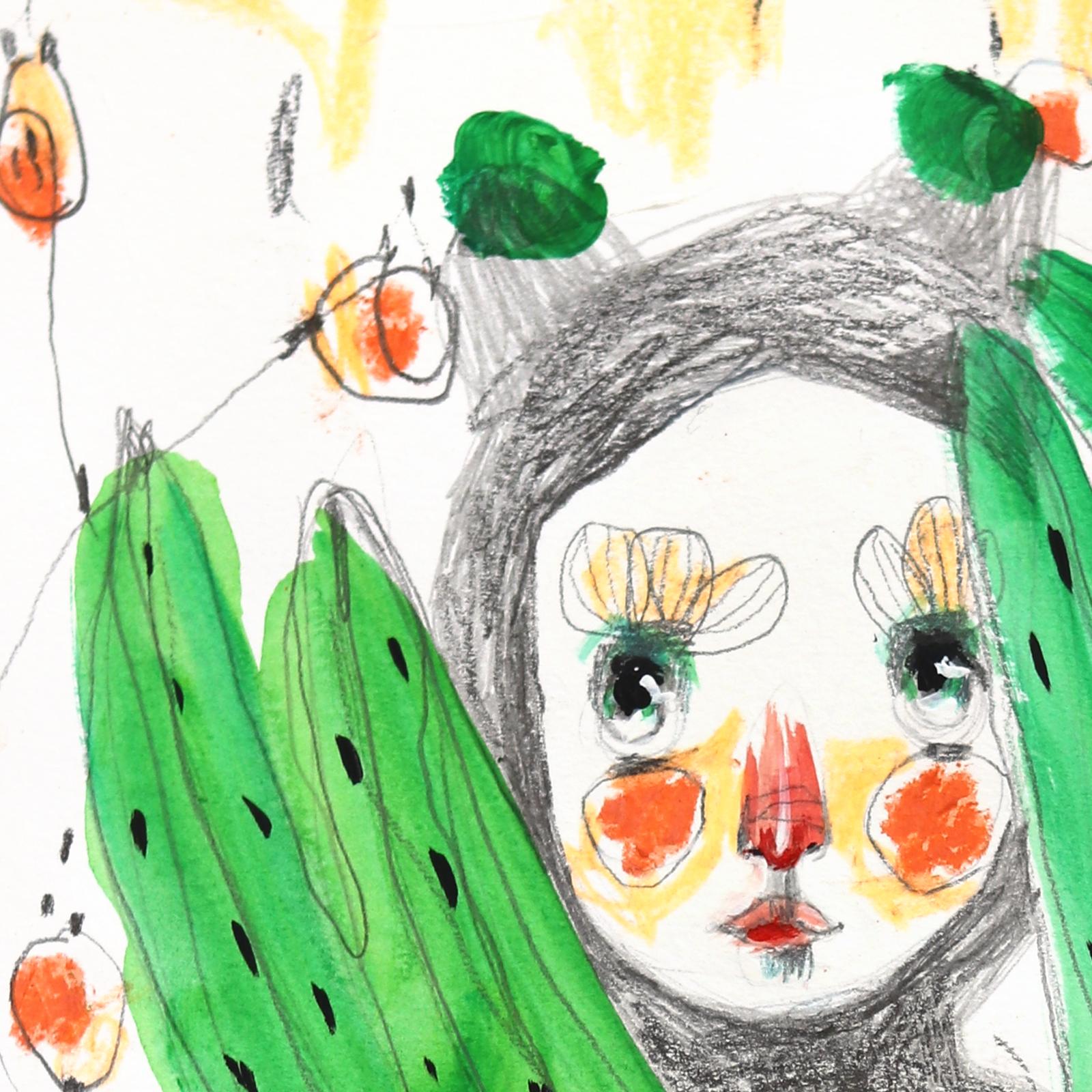 Lost in the Greenery - Lebendige, farbenfrohe, skurrile, figurative Kunstwerke auf Papier – Painting von Silvia Pavarini