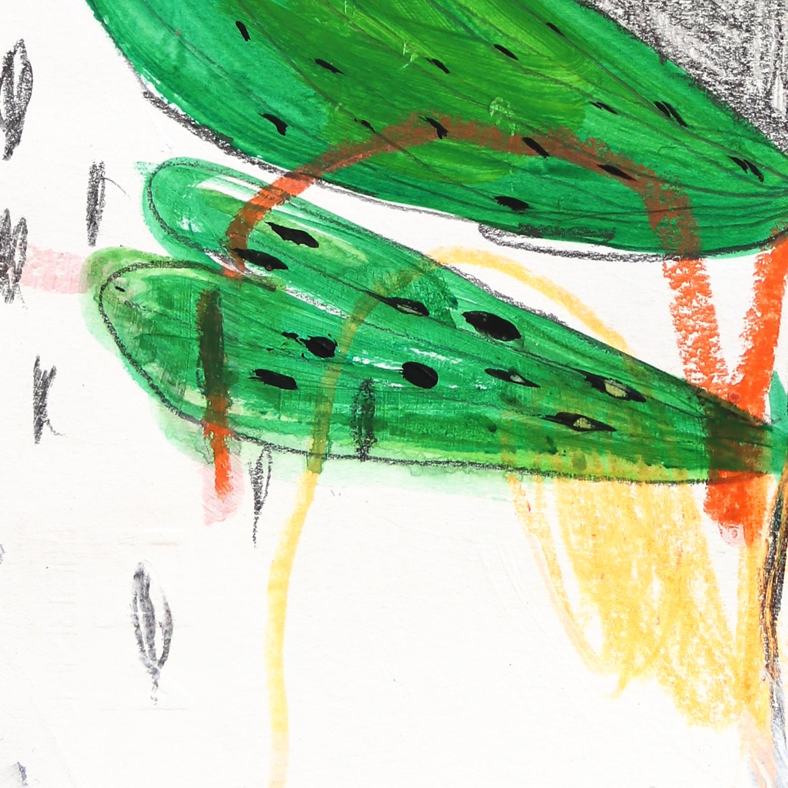 Lost in the Greenery - Lebendige, farbenfrohe, skurrile, figurative Kunstwerke auf Papier im Angebot 1