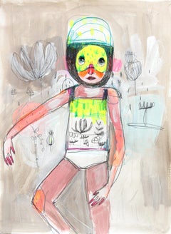 Lying in Thoughts - Original bunte skurrile figurative surreale Kunst auf Papier