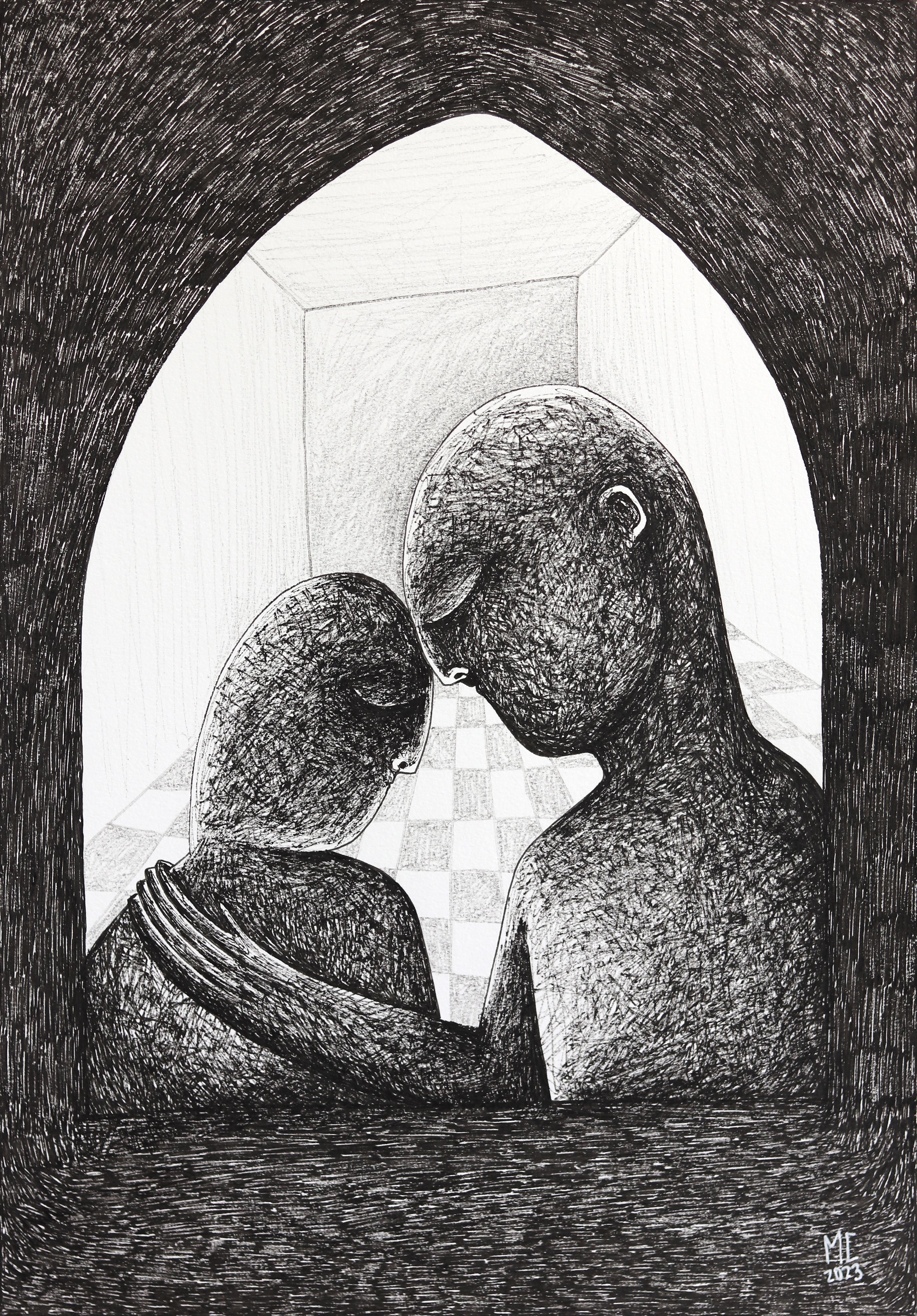 Arched - Abstract Black and White Figurative Illustrative Ink Artwork on Paper