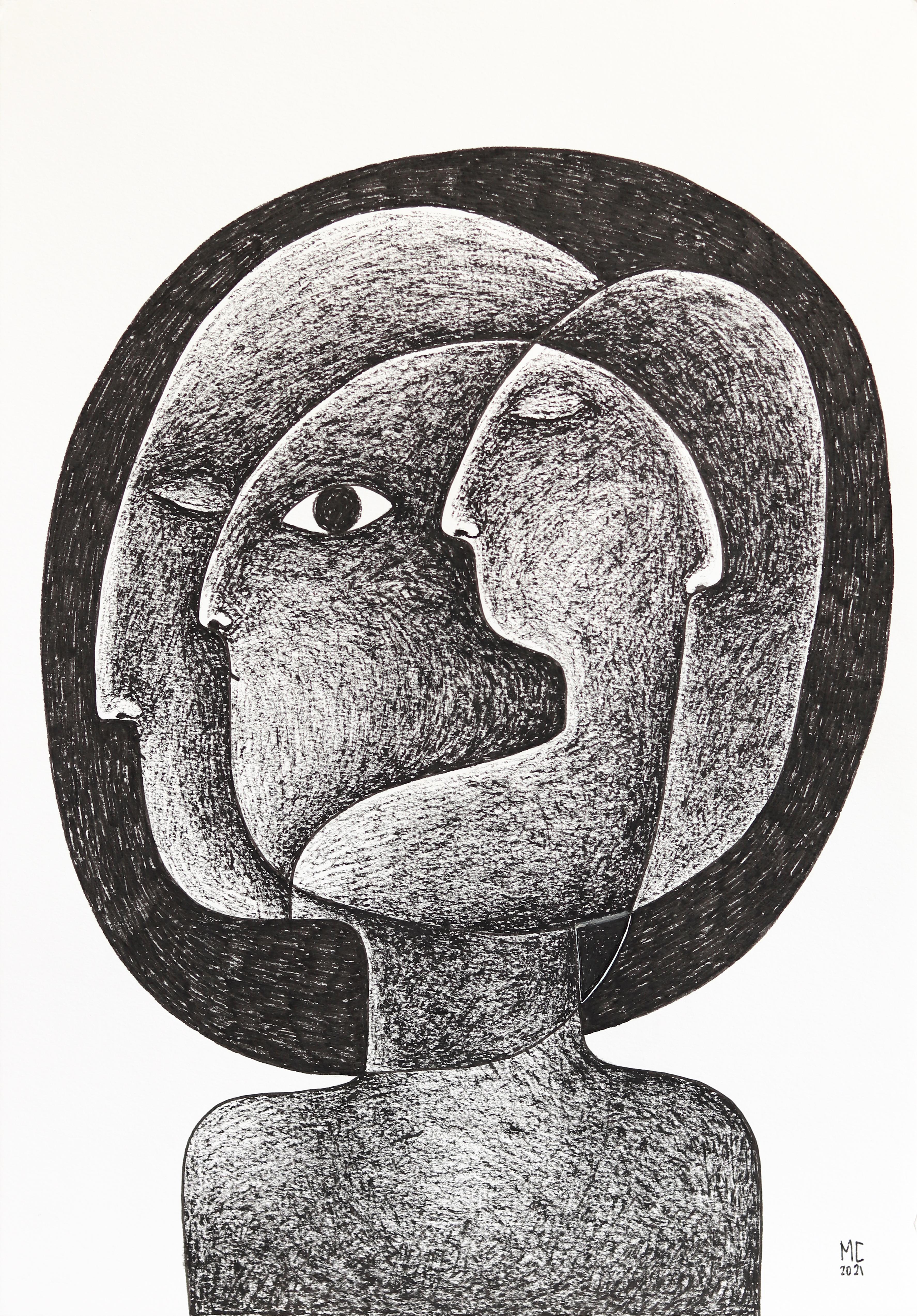Cloudy - Abstract Black and White Figurative Illustrative Ink Artwork on Paper