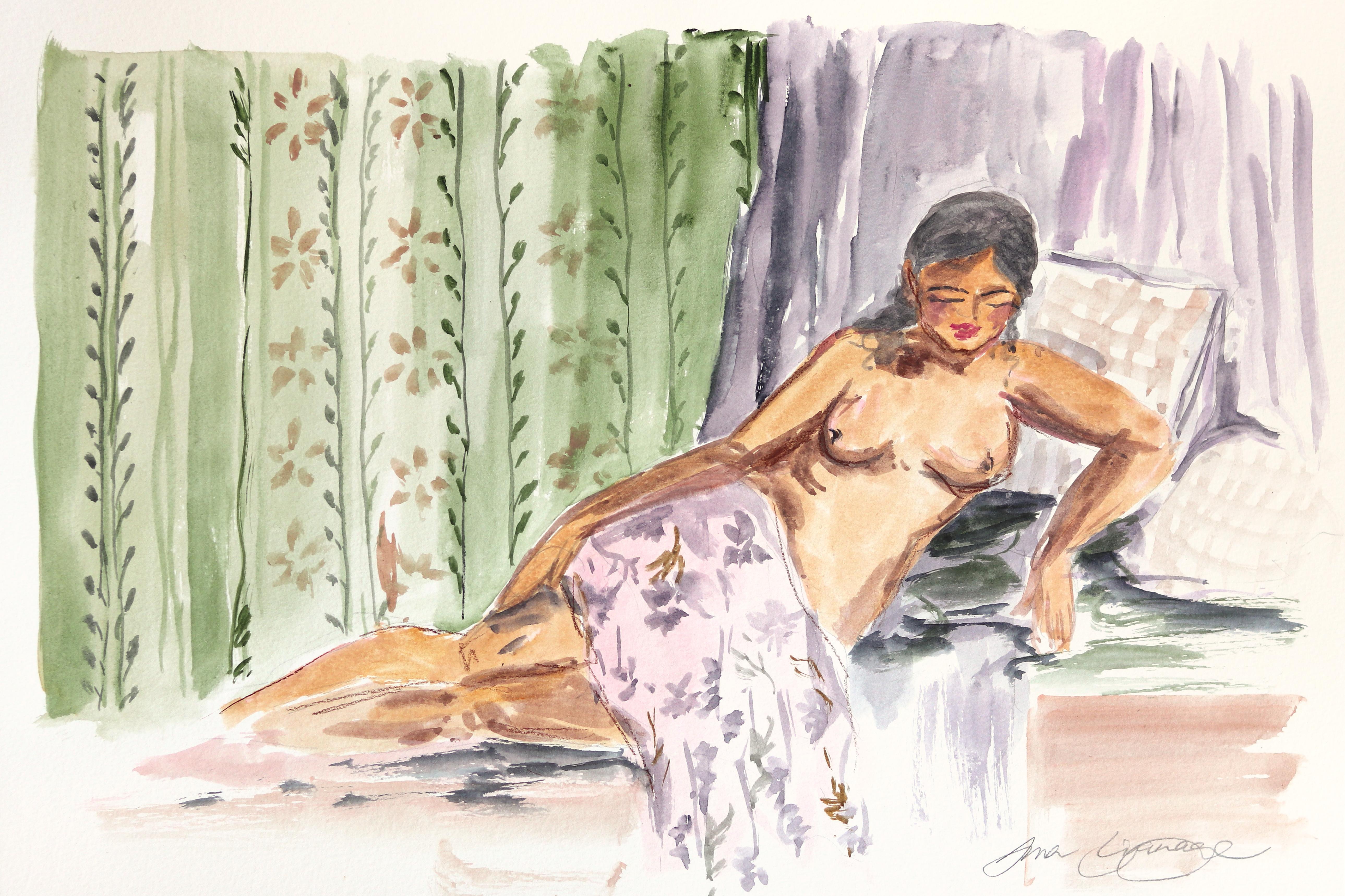 Lounging V - Figurative Lounging Feminine Watercolor Portrait Painting on Paper - Art by Ama Liyanage