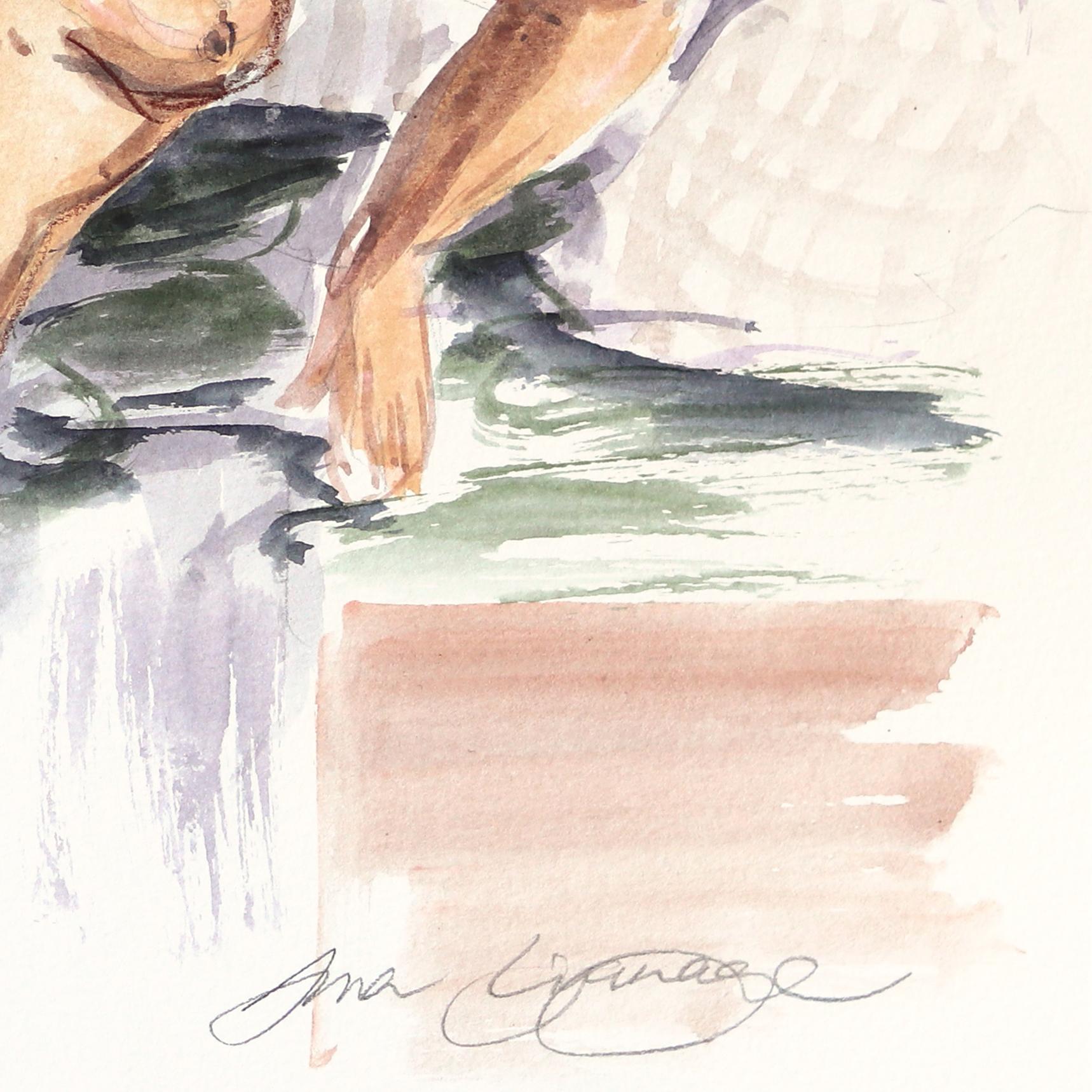 Lounging V - Figurative Lounging Feminine Watercolor Portrait Painting on Paper For Sale 3