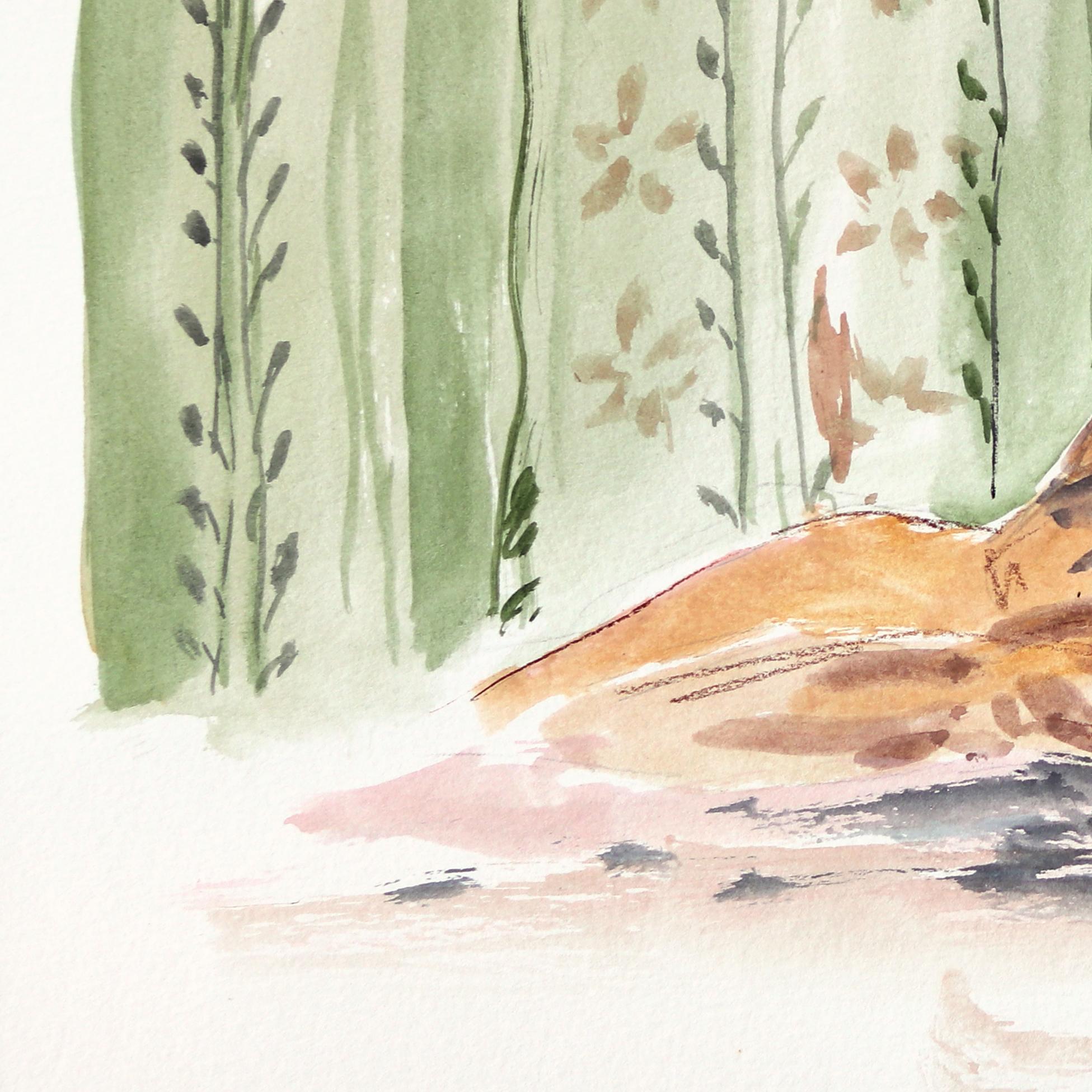 Lounging V - Figurative Lounging Feminine Watercolor Portrait Painting on Paper For Sale 1