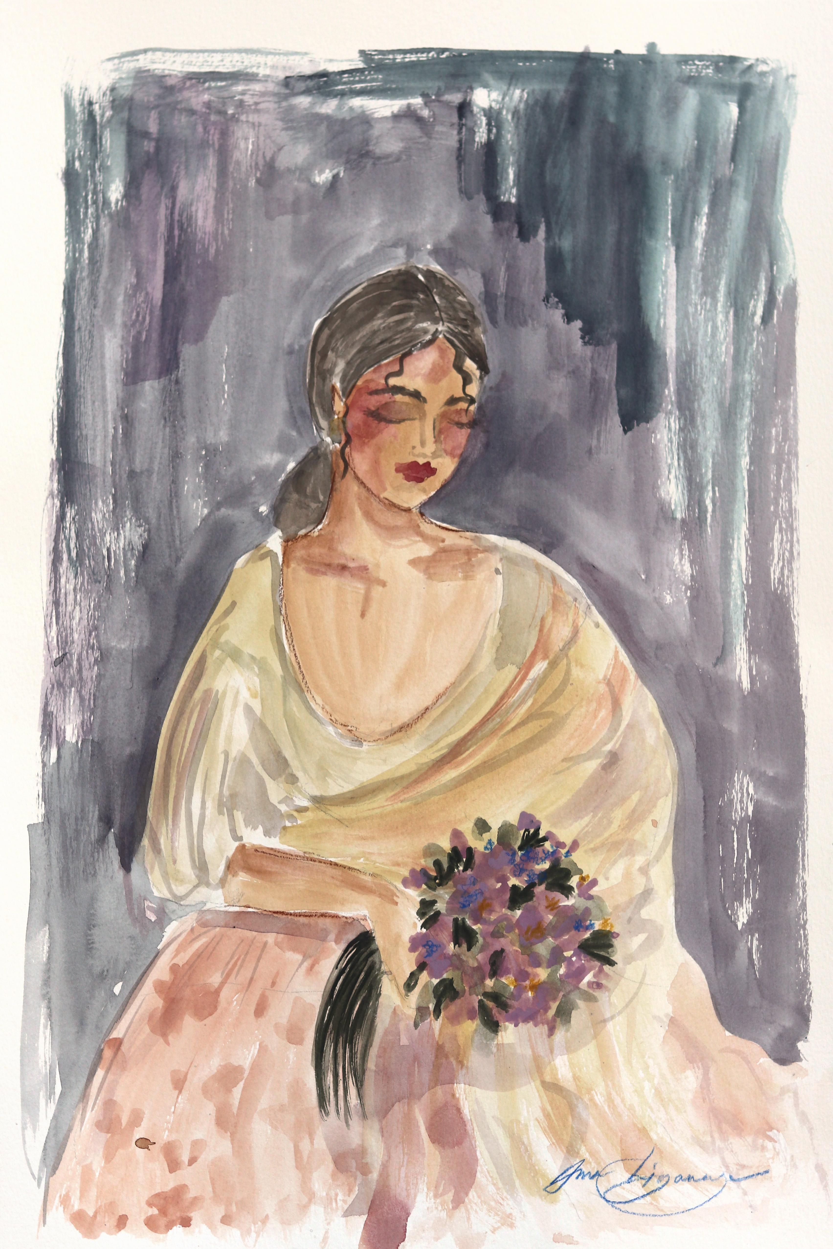 Portrait II - Figurative Elegant Feminine Watercolor Portrait Painting on Paper