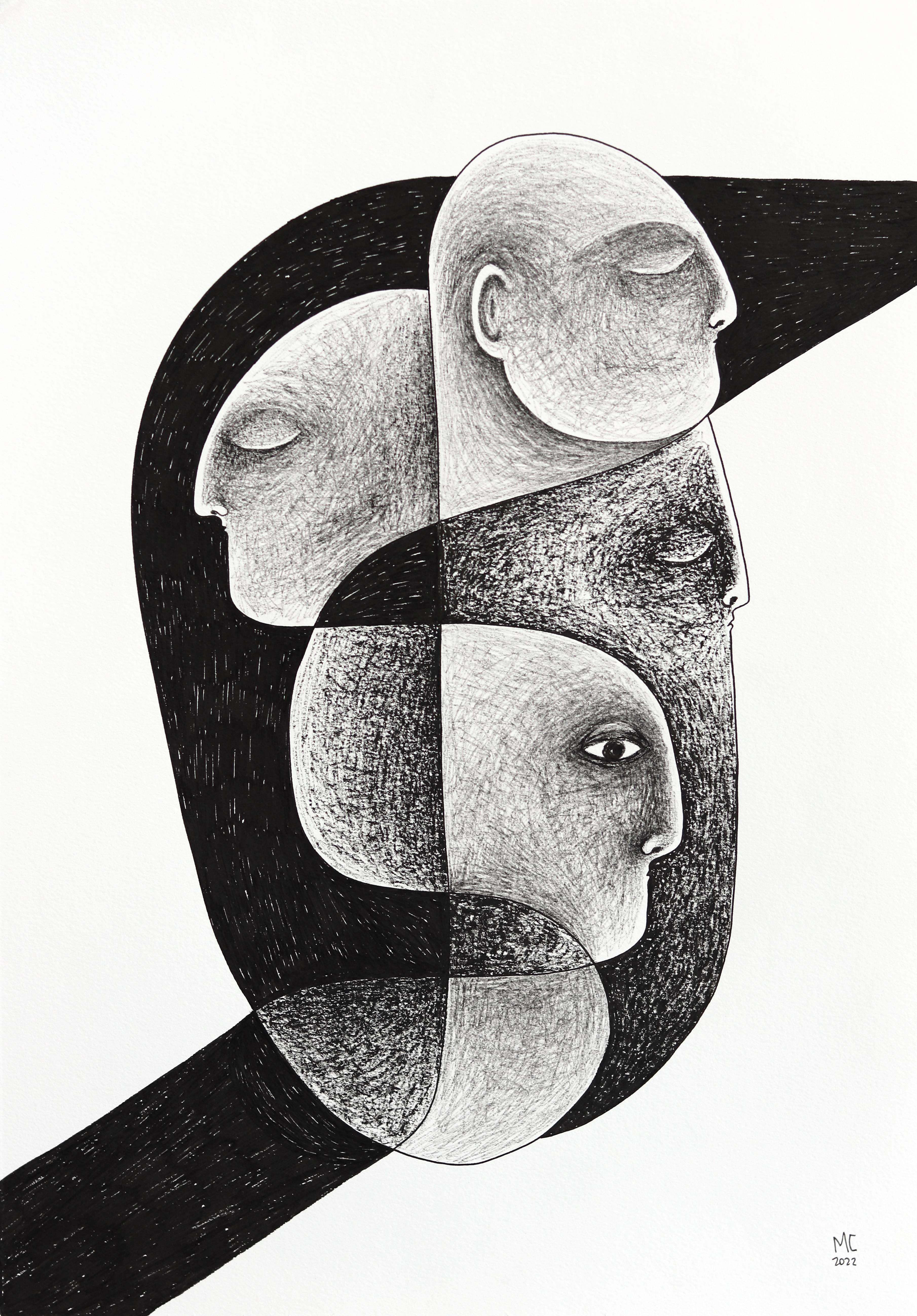 En Forme - Abstract Black and White Figurative Illustrative Ink Artwork on Paper