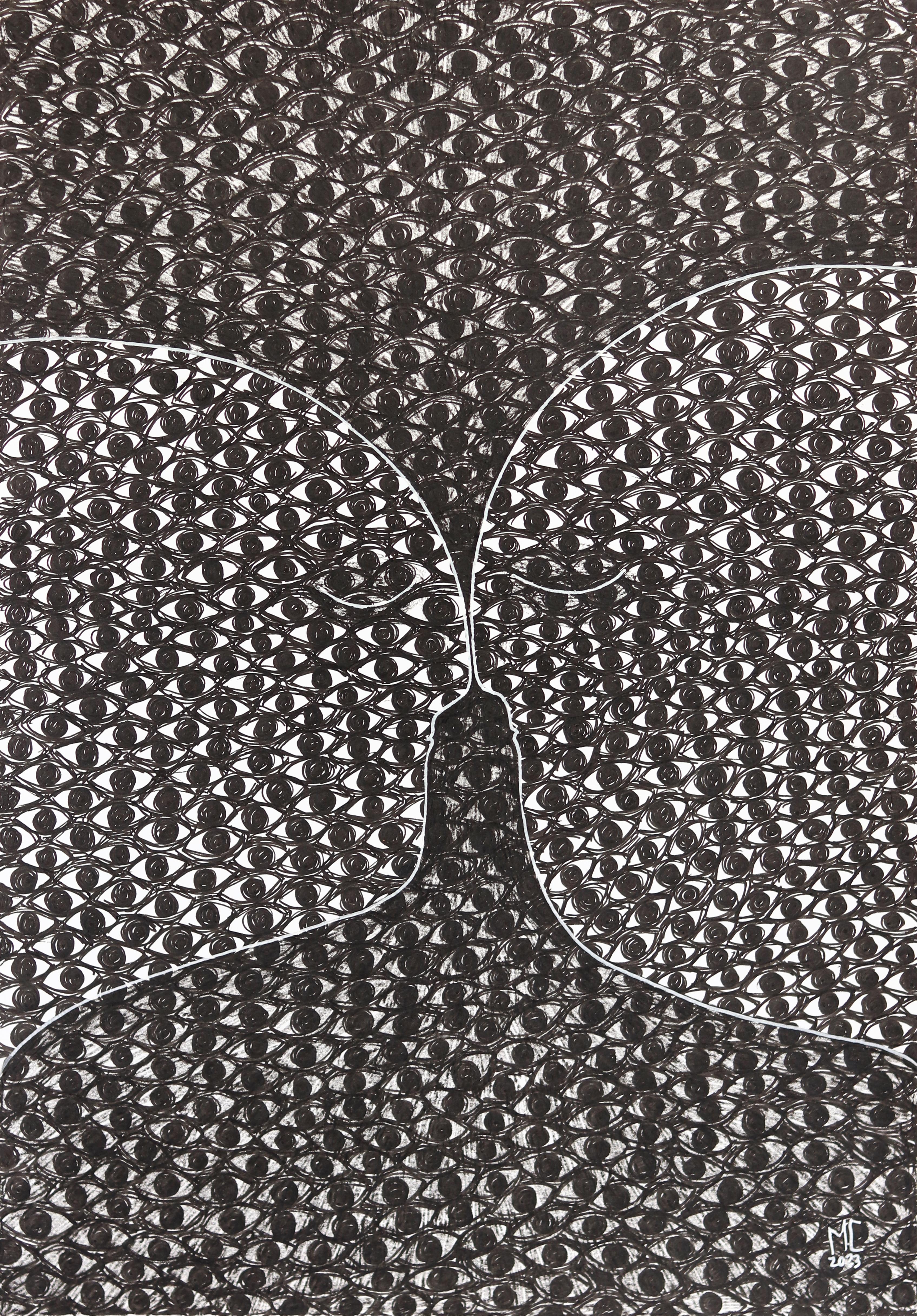 Melissa Chalhoub Figurative Art - Beware the Eyes - Abstract Black and White Figurative Illustrative Art on Paper