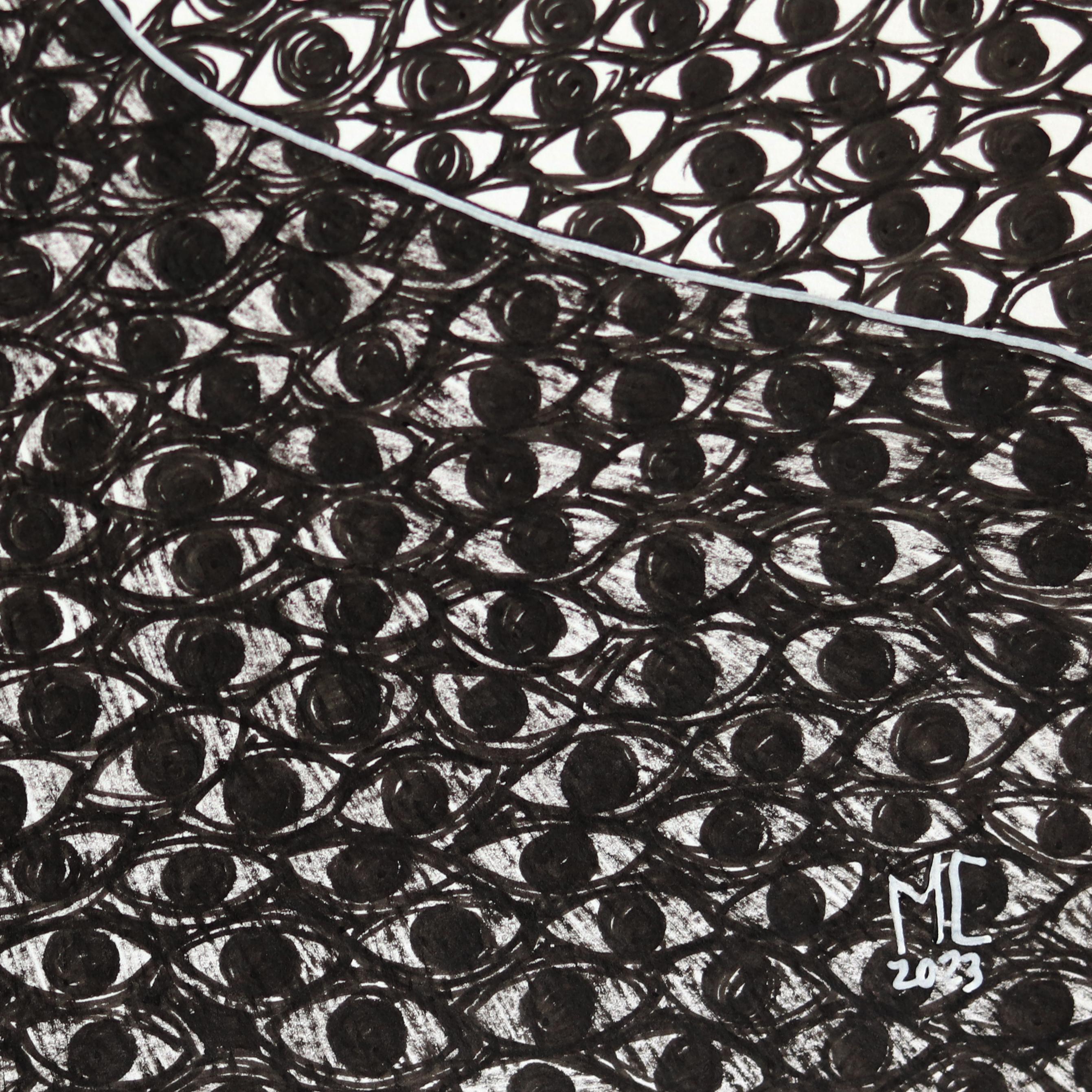 Beware the Eyes - Abstract Black and White Figurative Illustrative Art on Paper For Sale 4