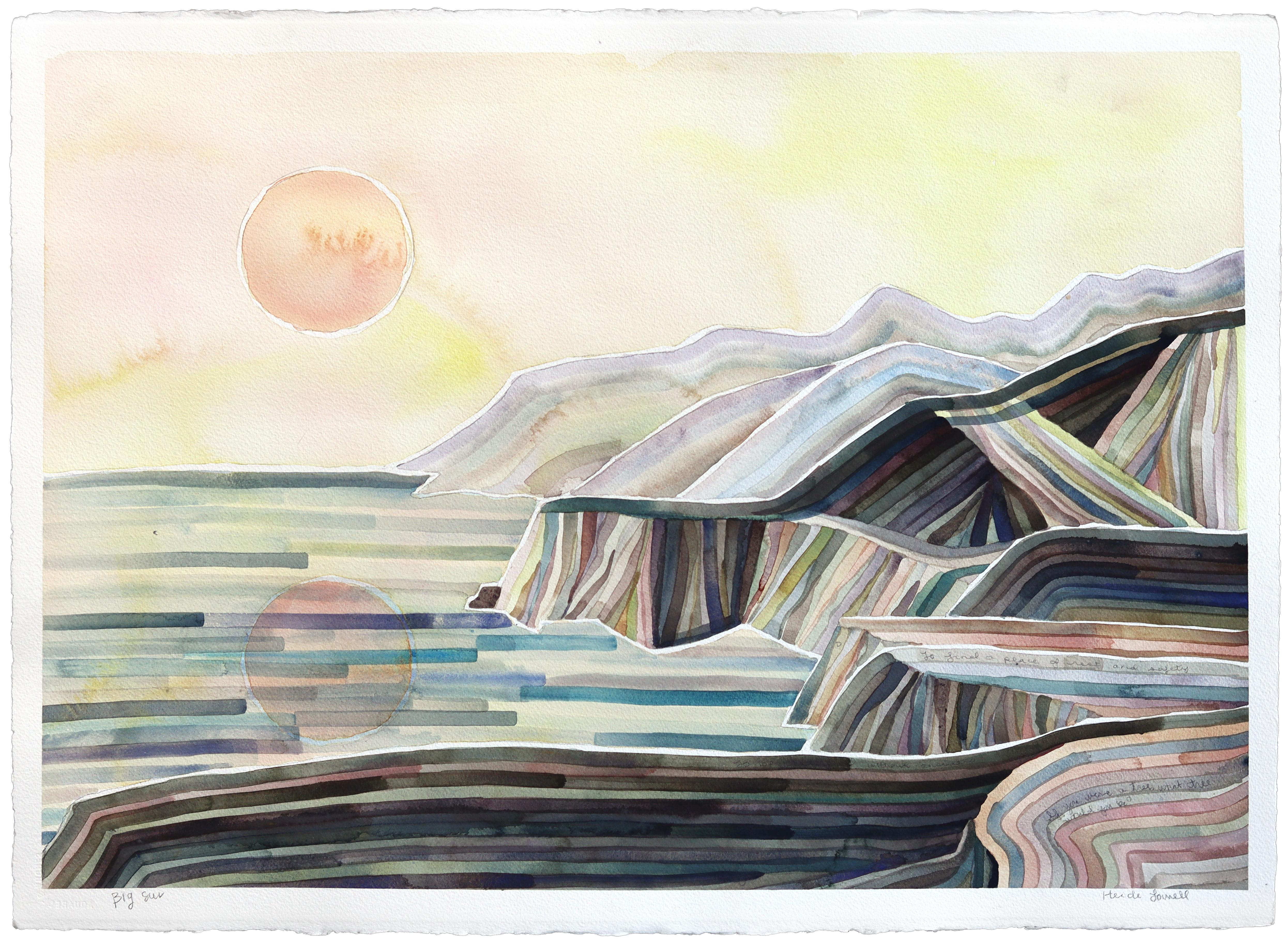 Big Sur - Pittura originale astratta ad acquerello con colori tenui del paesaggio costiero