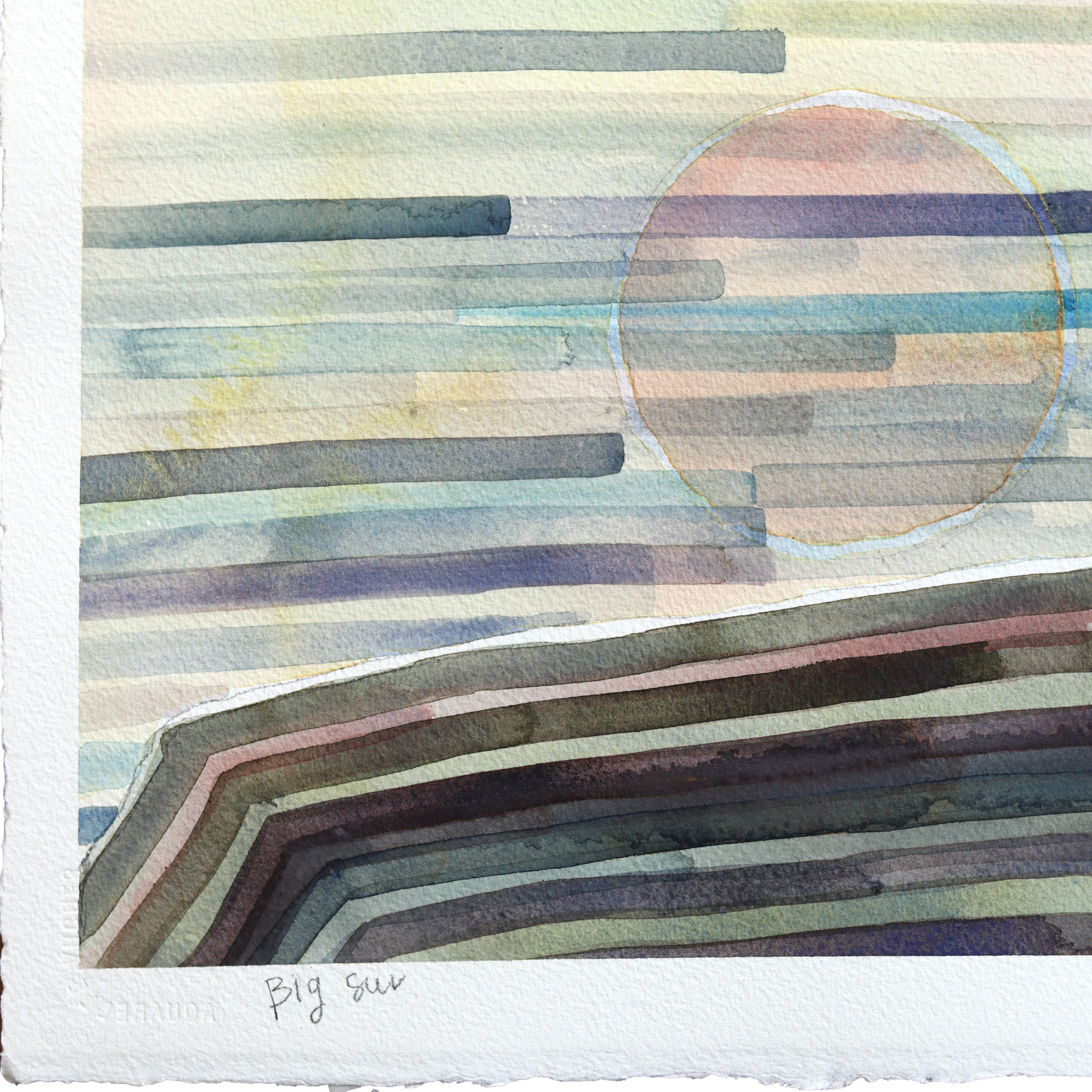 Big Sur - Pintura original abstracta en acuarela de un paisaje costero de colores apagados en venta 1