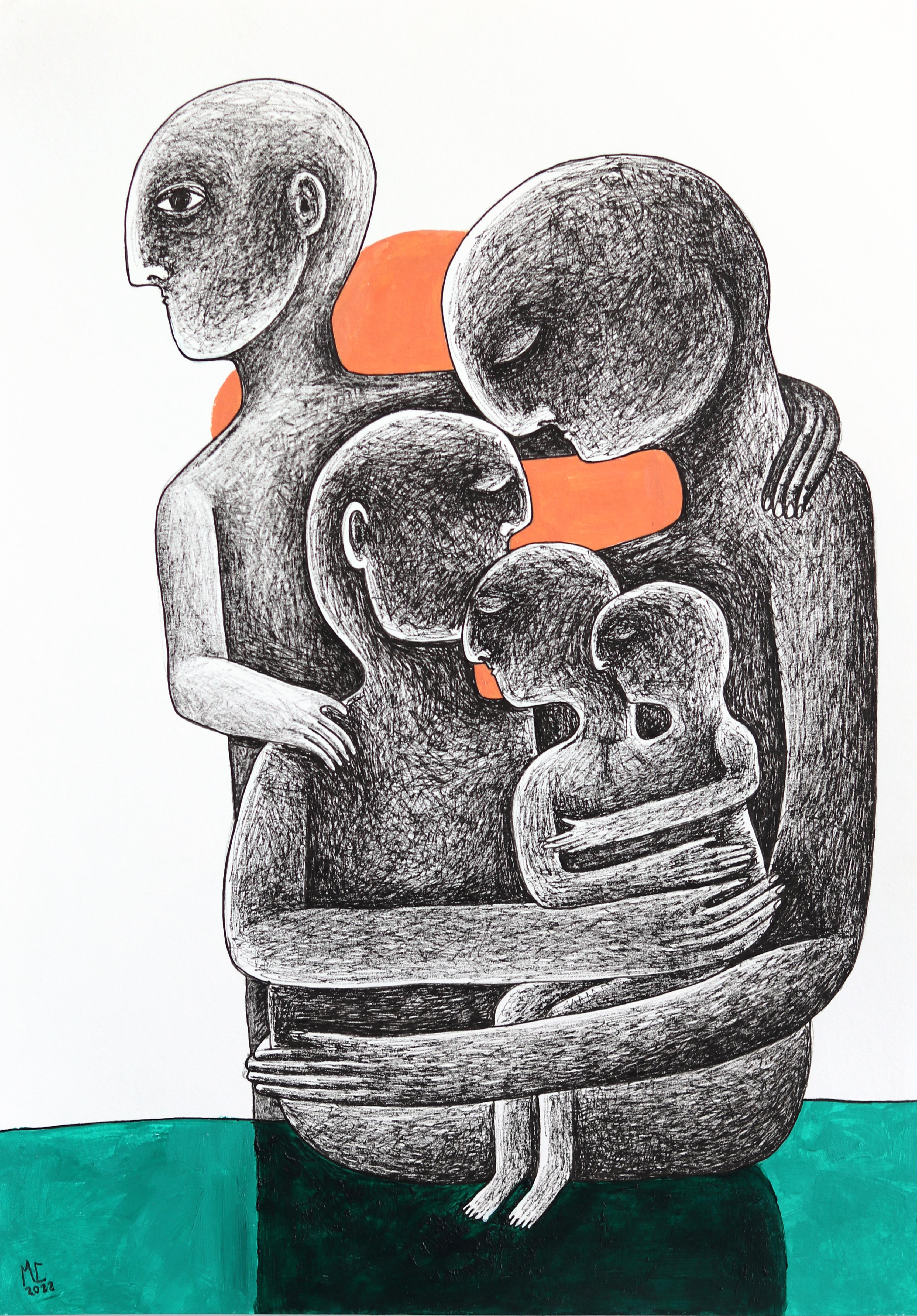 Family - Abstract Vibrant Figurative Illustrative Mixed Media Artwork on Paper