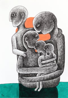 Family - Abstract Vibrant Figurative Illustrative Mixed Media Artwork on Paper