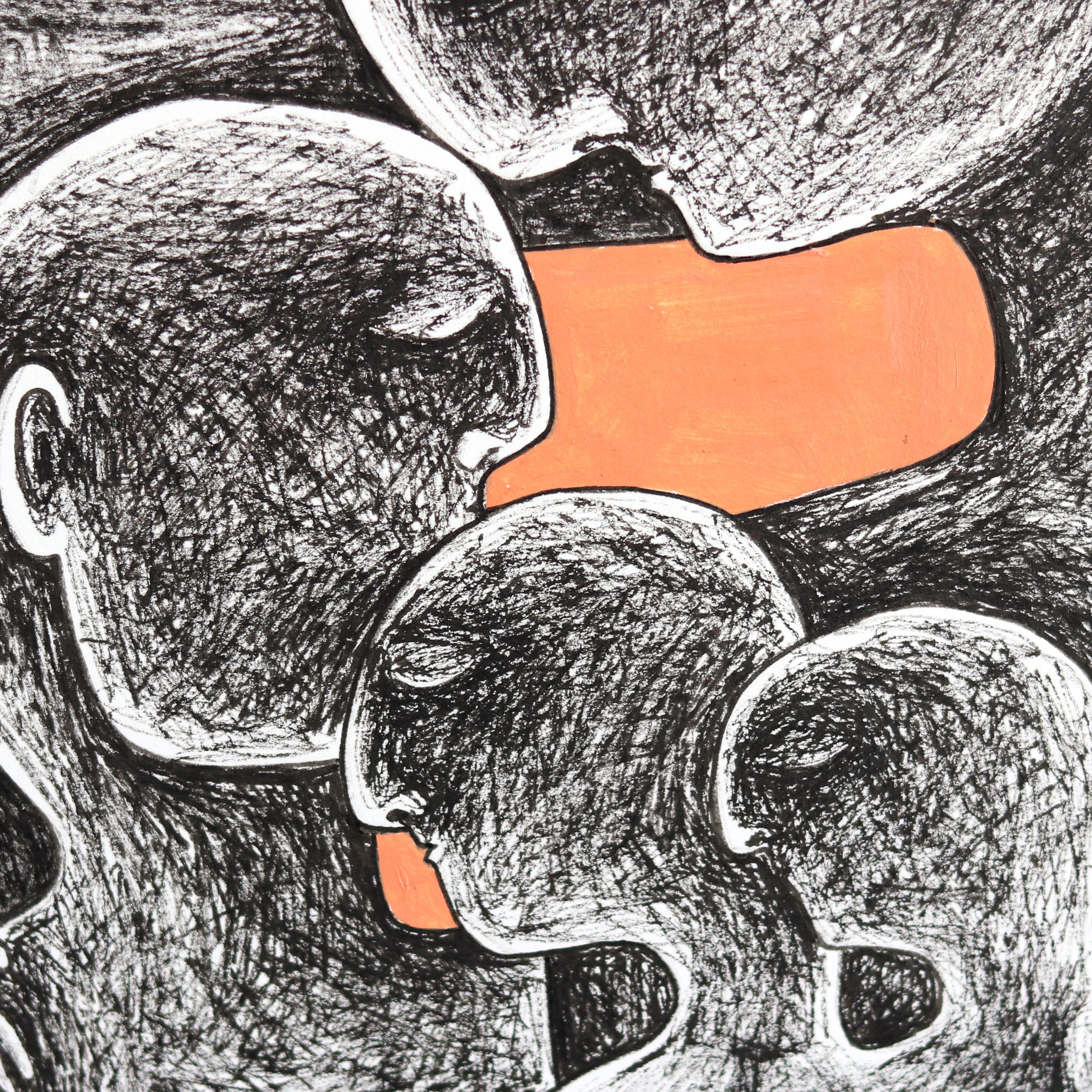Family - Abstract Vibrant Figurative Illustrative Mixed Media Artwork on Paper - Gray Figurative Art by Melissa Chalhoub