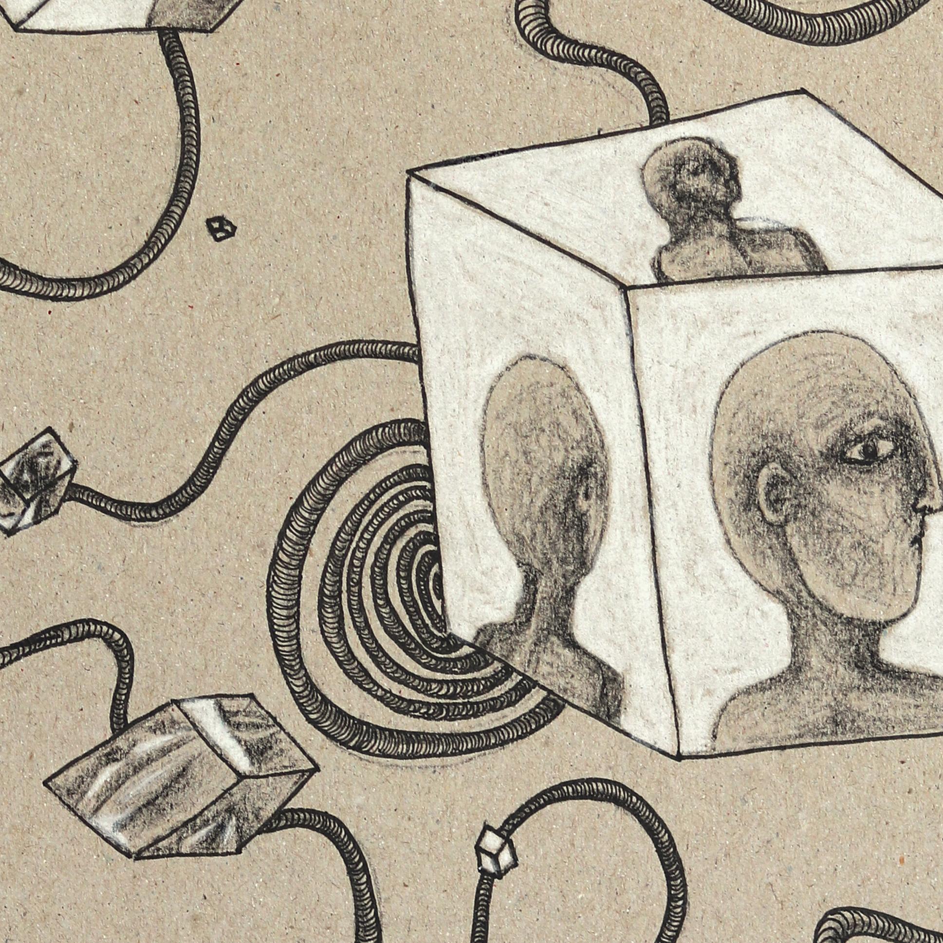 Disconnection - Abstract Figurative Illustrative Mixed Media Art on Cardboard - Beige Figurative Art by Melissa Chalhoub