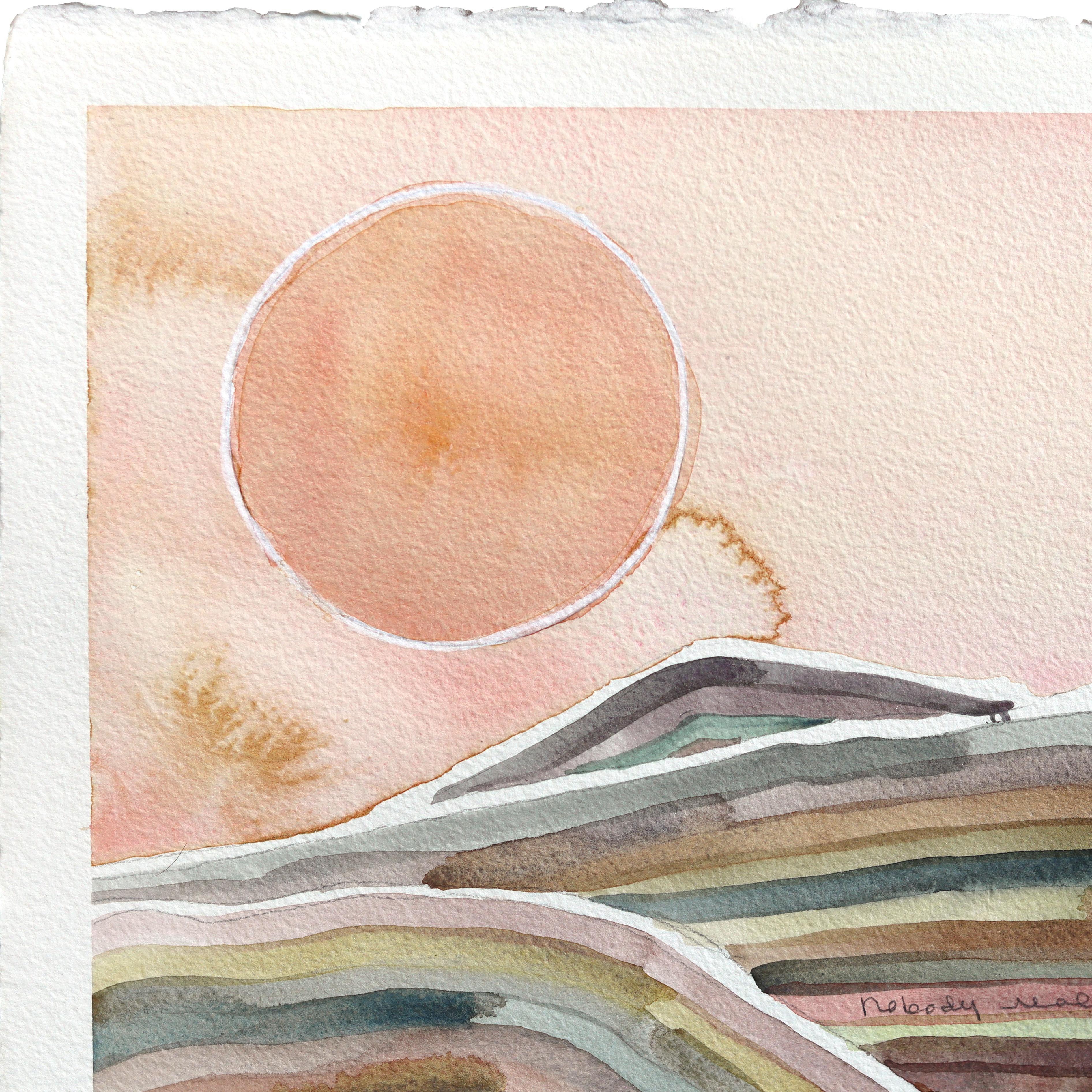 État de Topanga - Paysage abstrait aux couleurs sourdes Peinture de nature sur papier - Abstrait Art par Heidi Lowell