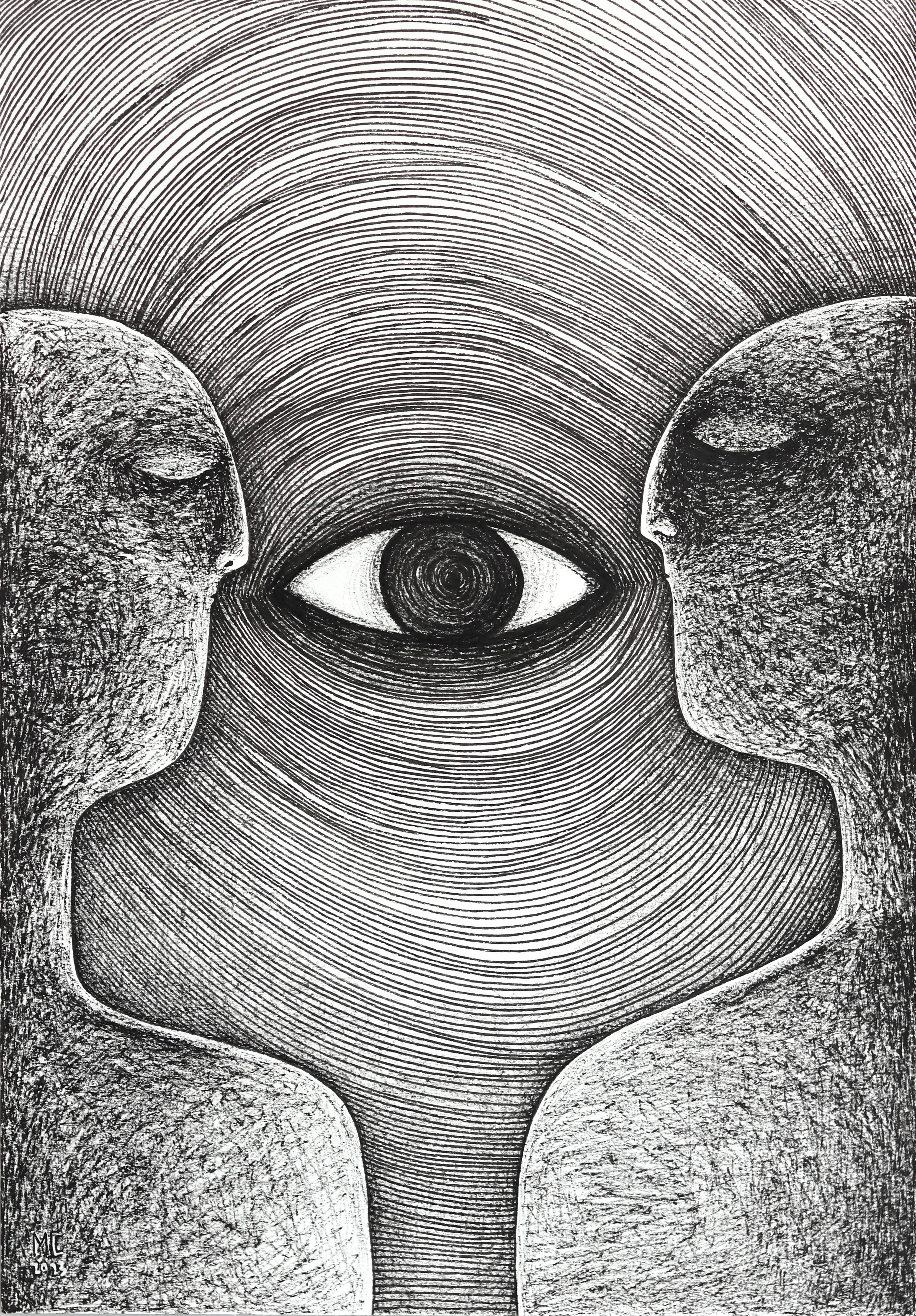 Melissa Chalhoub Figurative Art - The All Knowing Eye - Abstract Black and White Figurative Illustrative Artwork