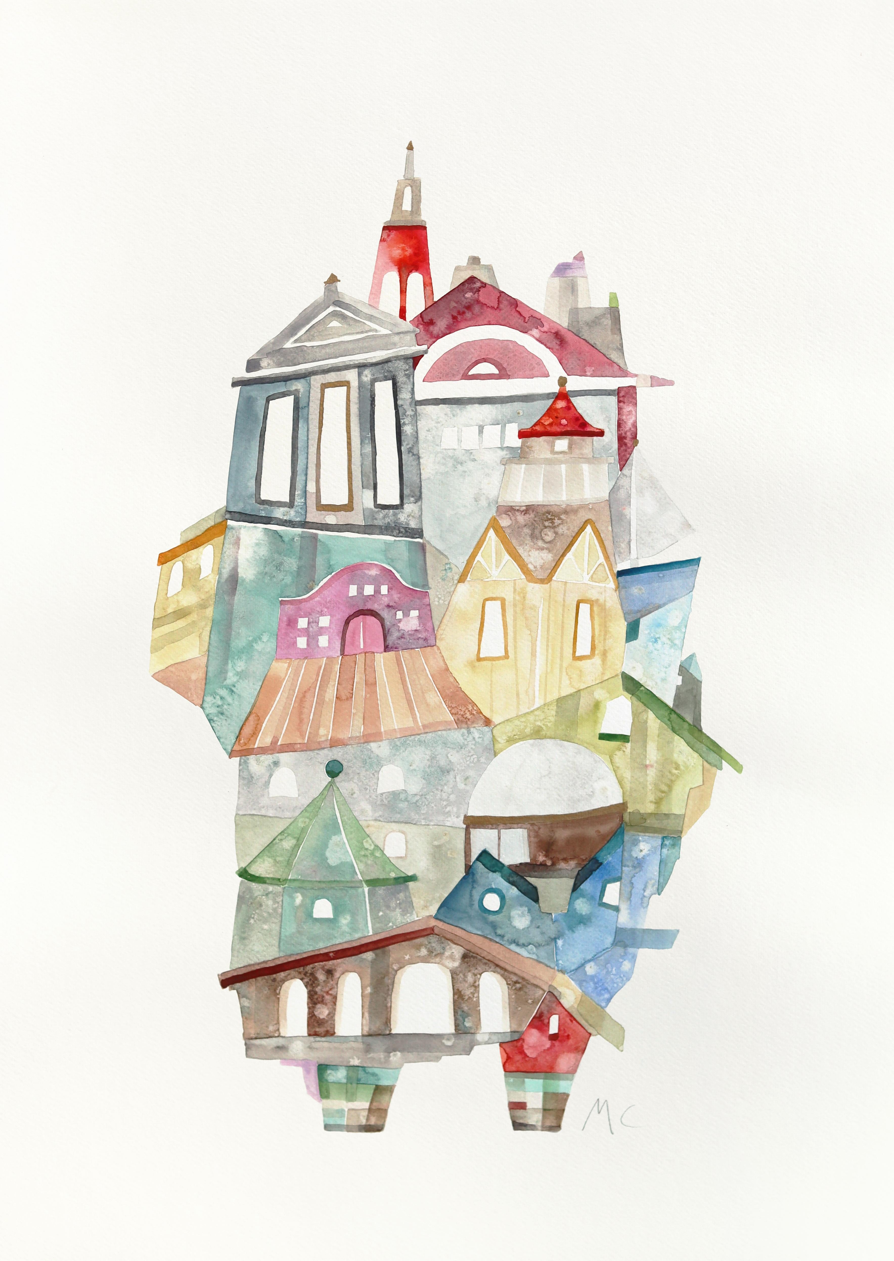 Daylight in Soft Tones - Abstract Urban Collage Watercolor Artwork on Paper