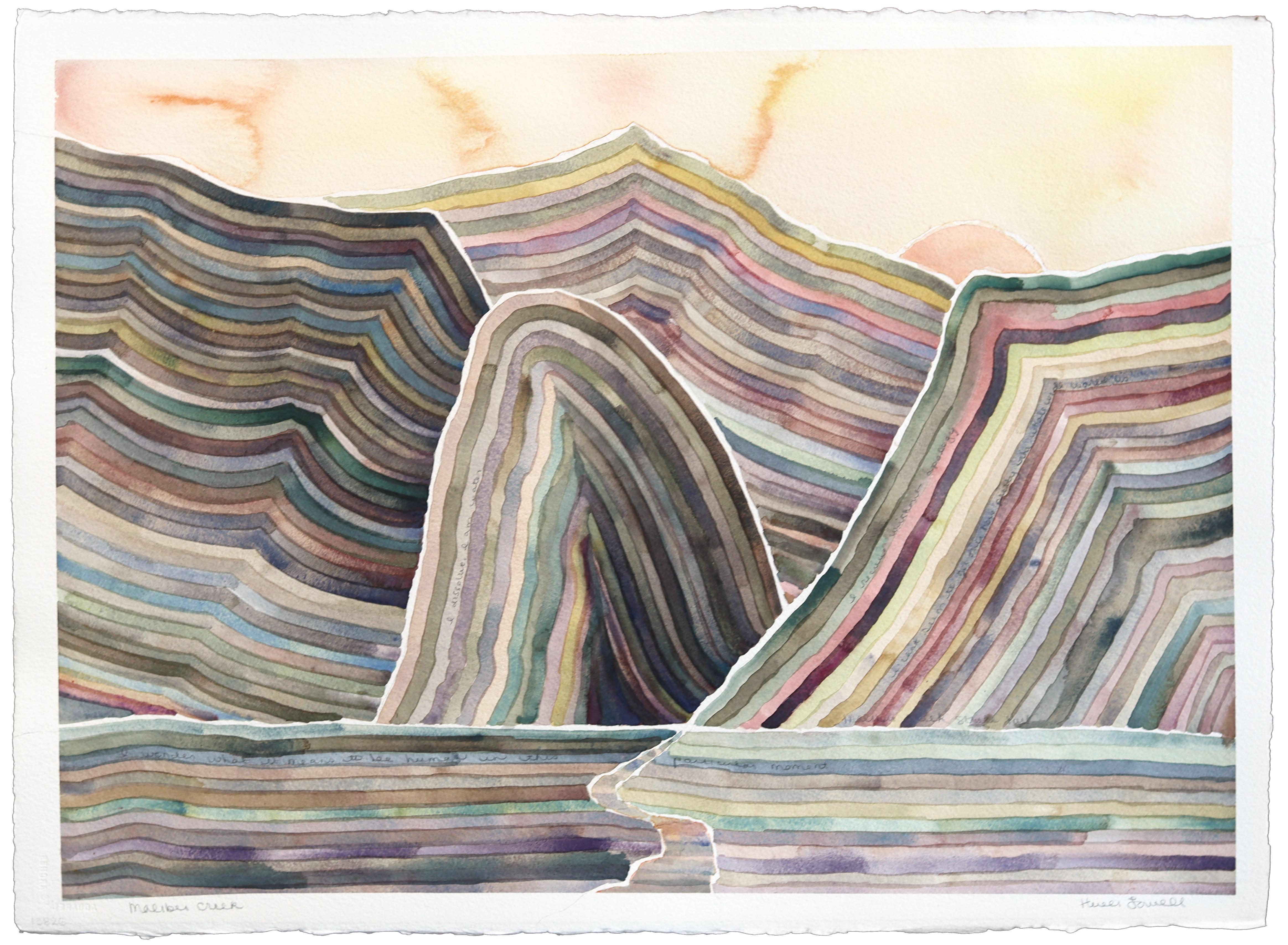 Malibu Creek - Peinture abstraite originale de paysage de montagne en couleurs sourdes et terreuses