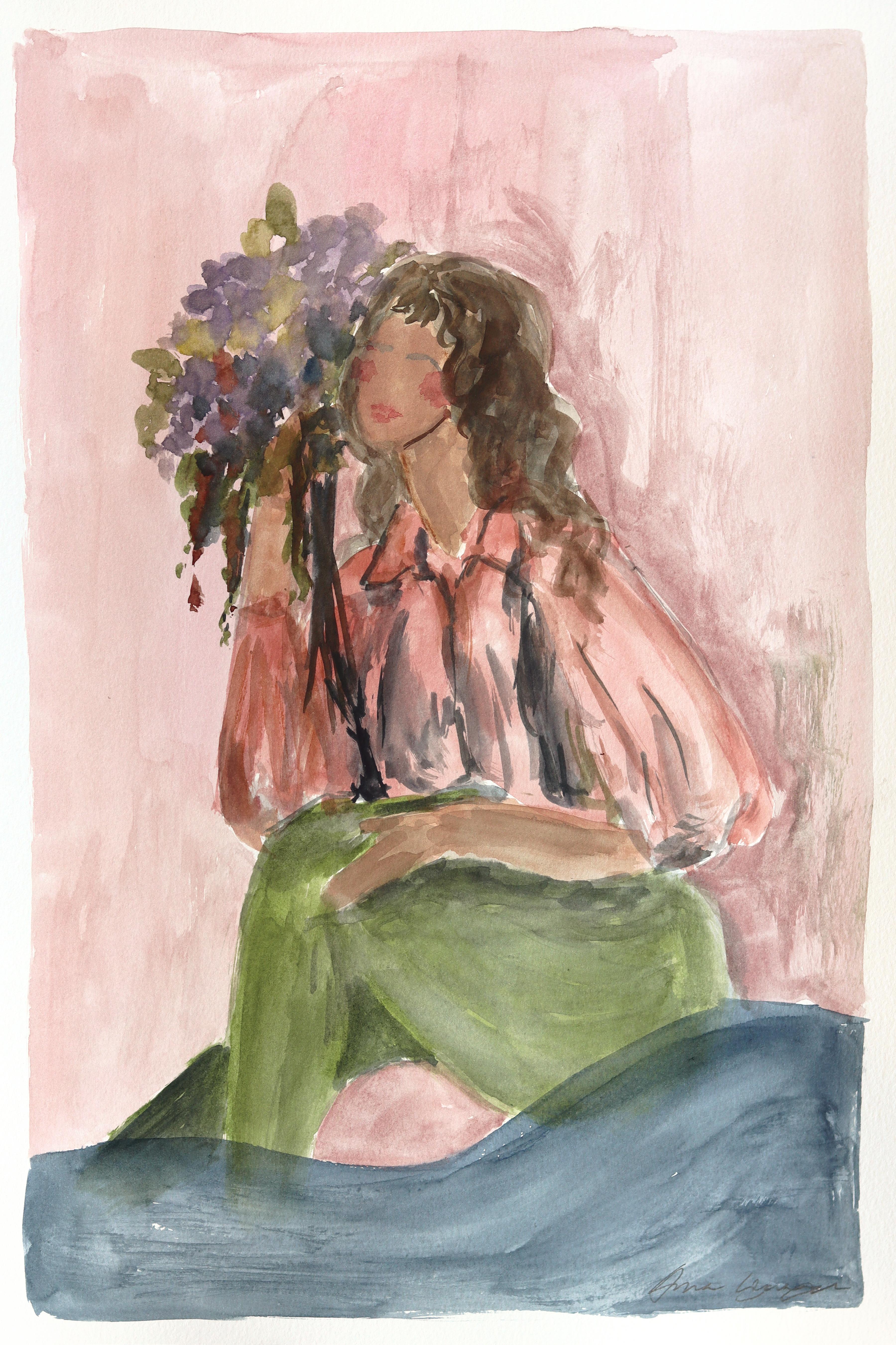 Lounging VI - Figurative Abstract Feminine Watercolor Portrait Painting on Paper