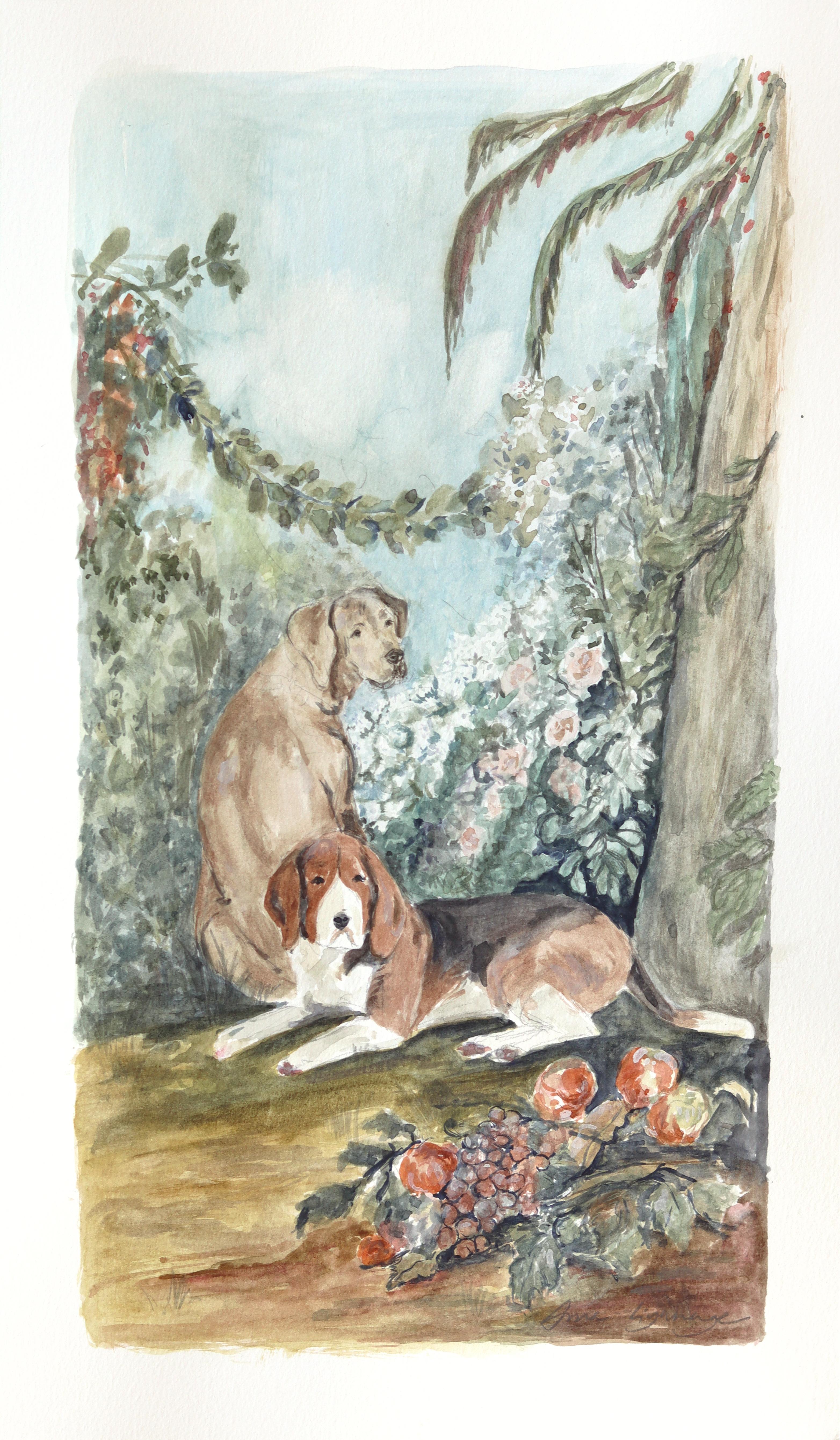 Animal Art de Ama Liyanage - Forest Fairies - Whimsical Dogs Watercolor Still Life Painting on Paper