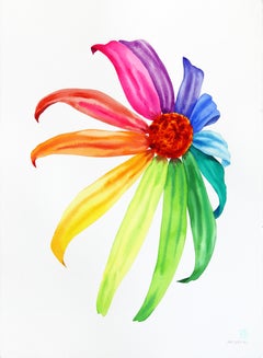 Rainbowland Coneflower - Original Abstract Color Drenched Floral Watercolor Art