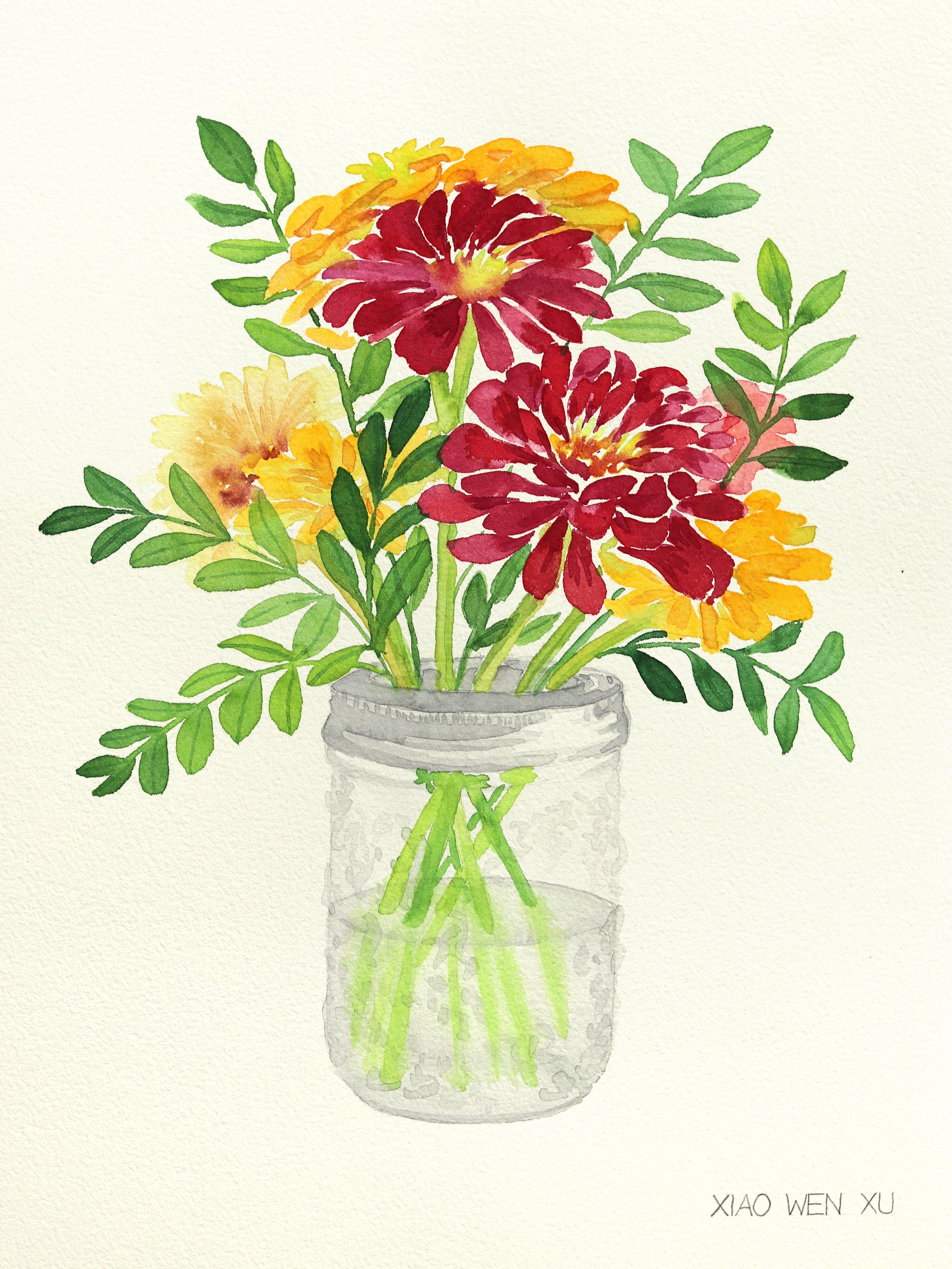 Zinnienstrauß im Glasgefäß III - Buntes Aquarell Blumenstillleben Gemälde