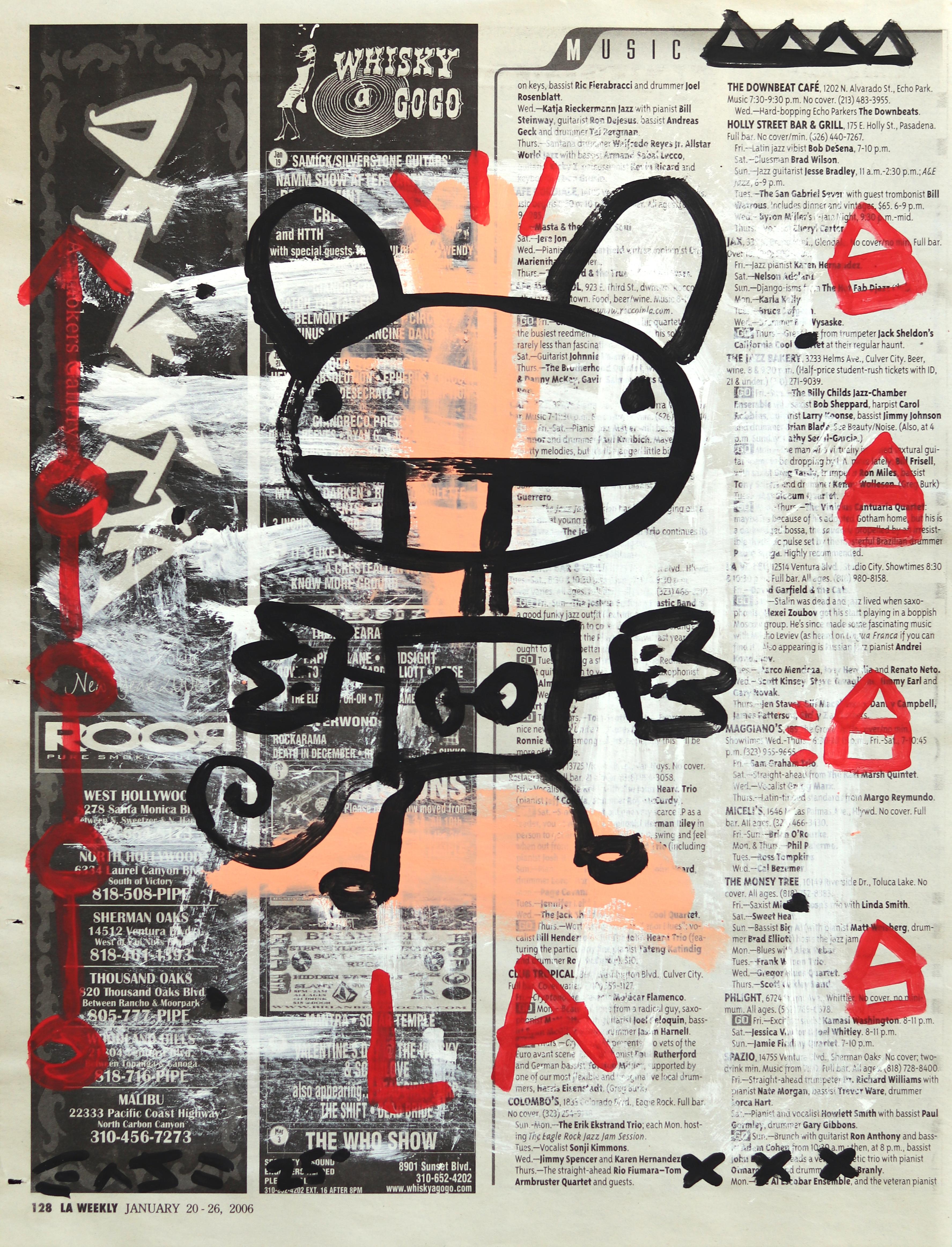 Grin and Zap It - Abstract Figurative LA Mouse Painting on Newspaper - Gary John