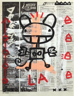 Grin and Zap It - Abstract Figurative Quirky Painting on Newspaper by Gary John