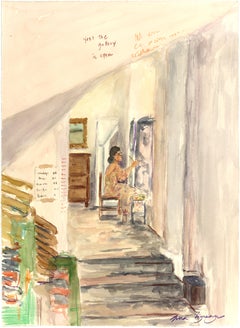 La galleria è aperta - Pittura figurativa originale su carta per interni di casa ad acquerello