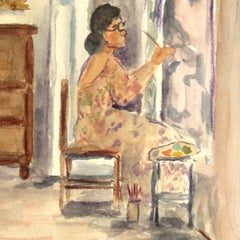 La galleria è aperta - Pittura figurativa originale su carta per interni di casa ad acquerello