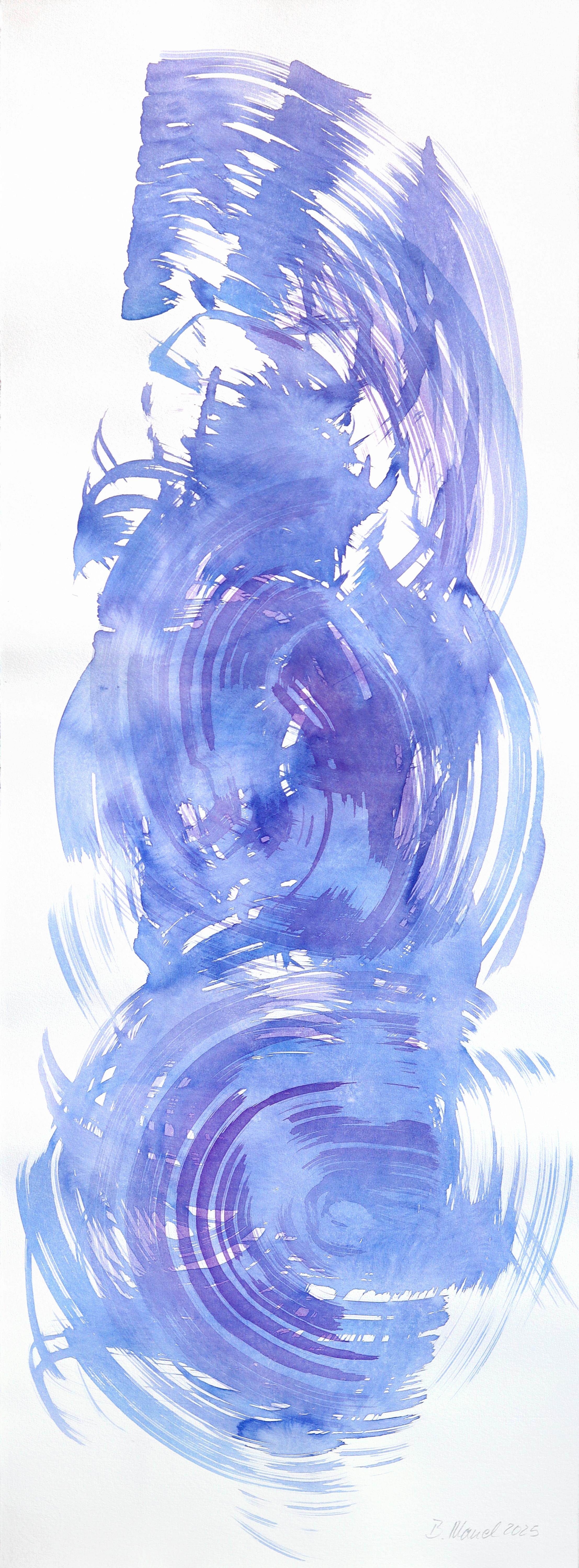 Blue Swirl 2 - Großformatige abstrakte fließende minimalistische Tuschemalerei auf Papier