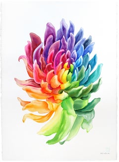 Rainbowland Chrysanthemum II - Original Abstract Colorful Floral Watercolor Art