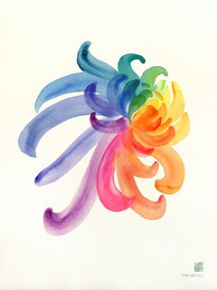 Chrysanthème de Rainbowland - Œuvre d'art originale abstraite aux couleurs vives, représentant des fleurs, réalisée à l'aquarelle