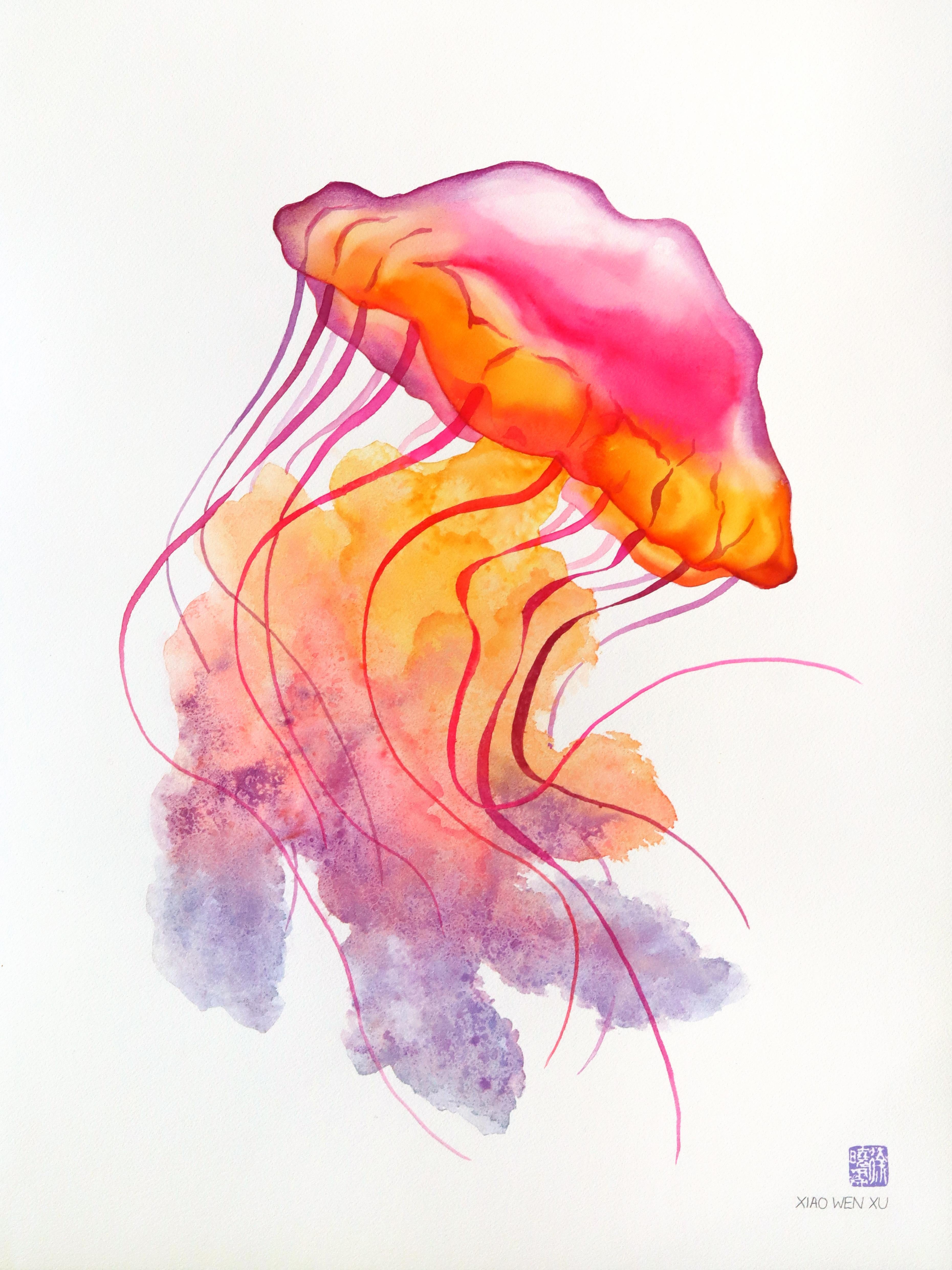 Rainbowland Jellyfish II - Abstract Colorful Sea Creature Watercolor Painting