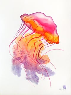 Rainbowland Jellyfish II - Peinture à l'aquarelle abstraite représentant une créature marine colorée