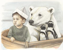 La vida no era una novela: pintura surrealista en acuarela con animales árticos figurativos
