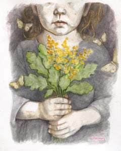 Fields Brushed With Gold - Figurative Surrealist Watercolor Painting on Paper