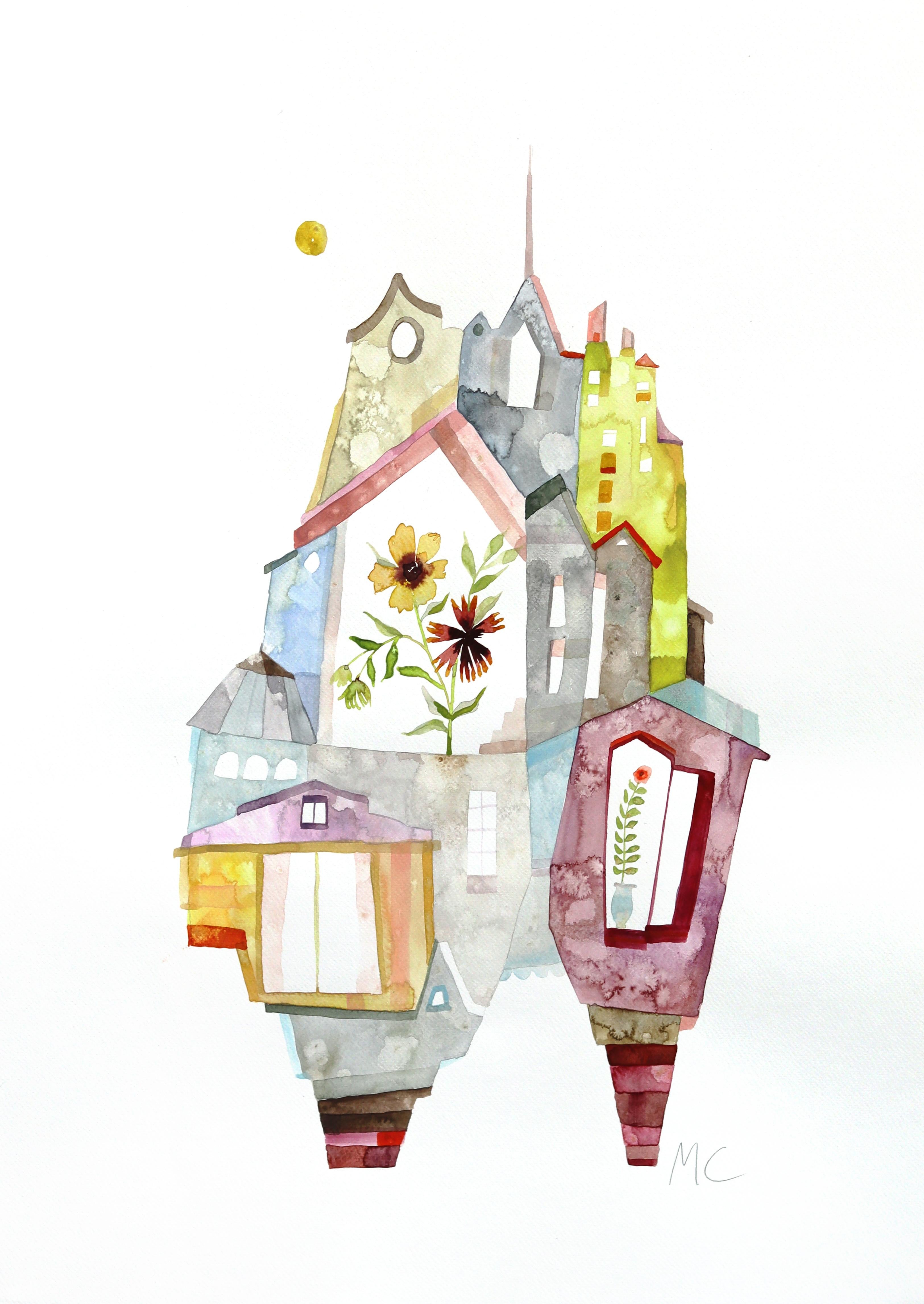 Fleurs sauvages du Texas - Nature morte architecturale, aquarelle sur papier