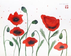 Poppies II - Original Vibrant Red Floral Watercolor Still Life Painting on Paper
