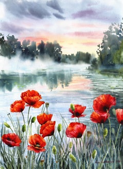Amanecer - Pintura original en acuarela sobre papel: paisaje floral abstracto